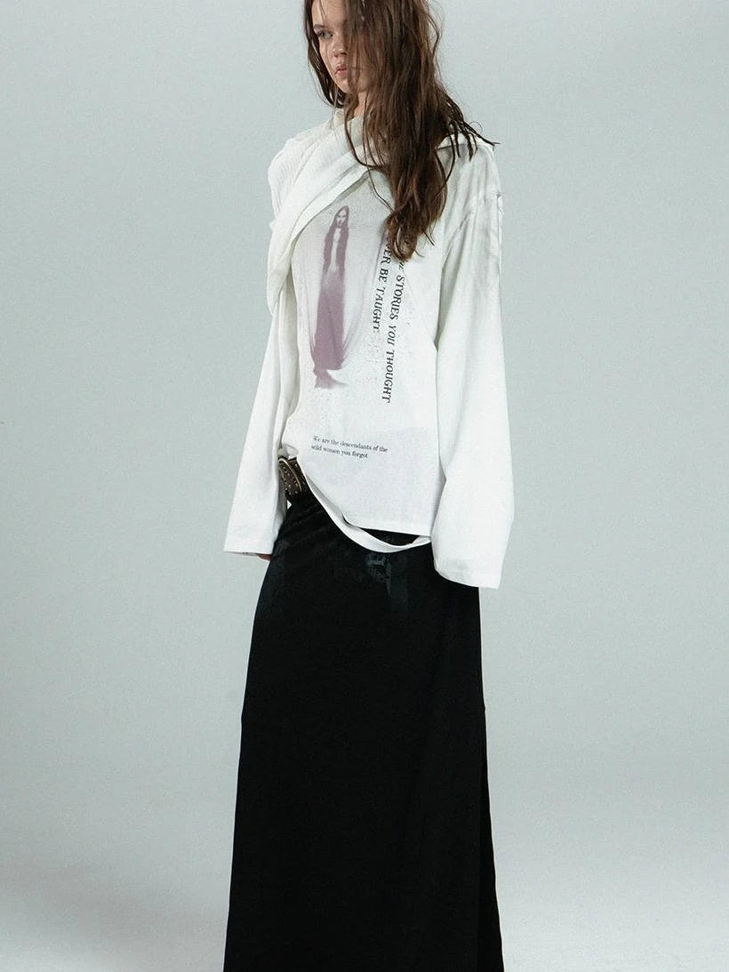 Vintage Distressed Print Basic Round Neck Long Sleeve T-Shirt