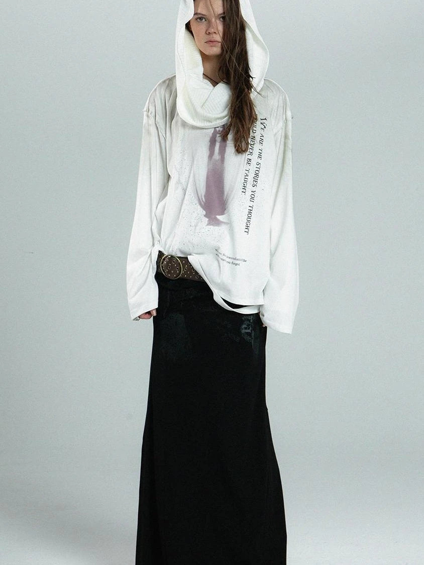 Vintage Distressed Print Basic Round Neck Long Sleeve T-Shirt