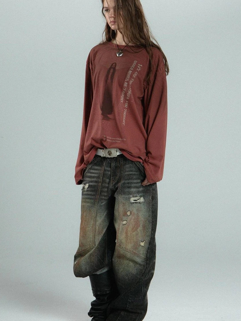 Vintage Distressed Print Basic Round Neck Long Sleeve T-Shirt