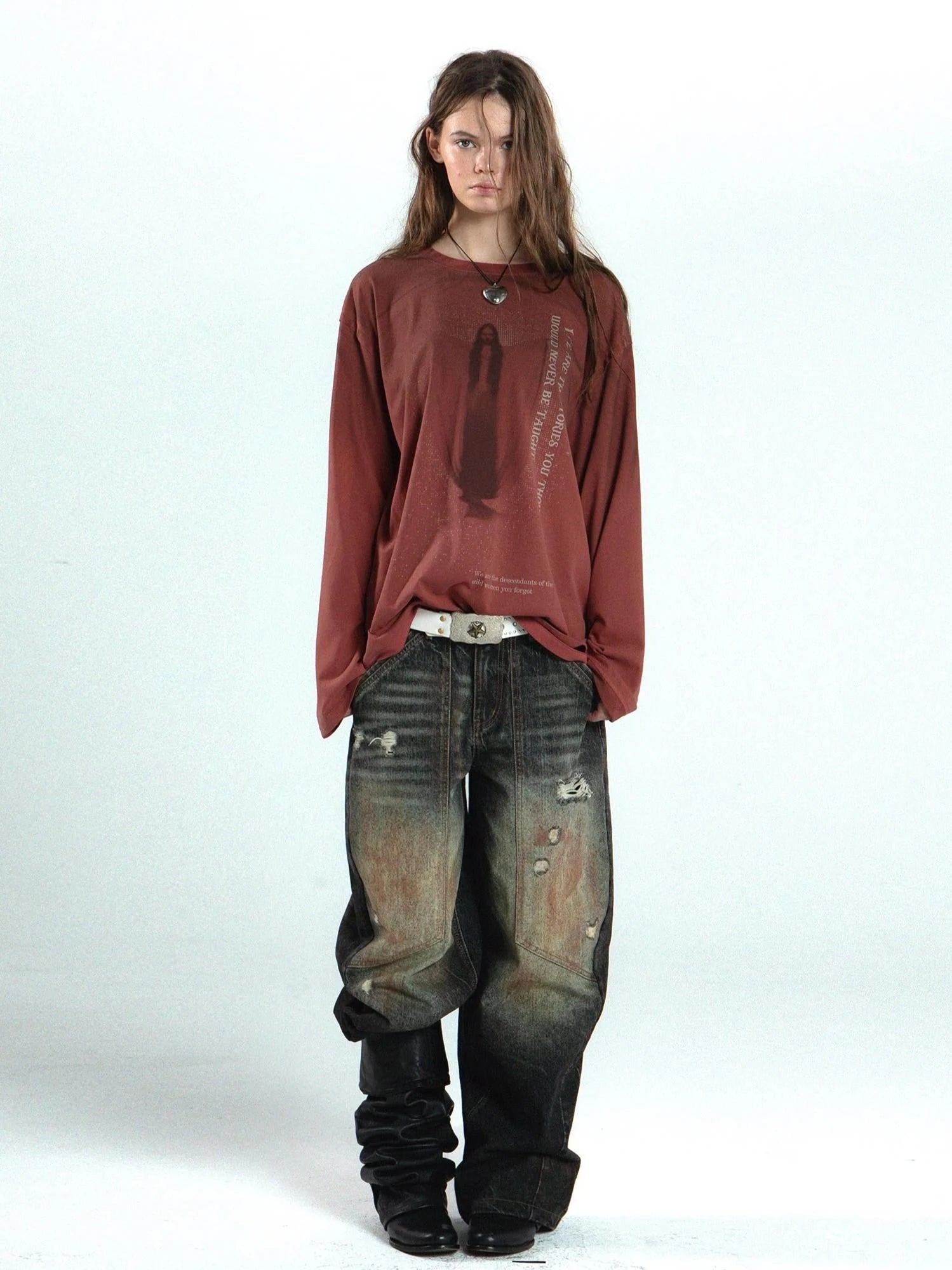 Vintage Distressed Print Basic Round Neck Long Sleeve T-Shirt