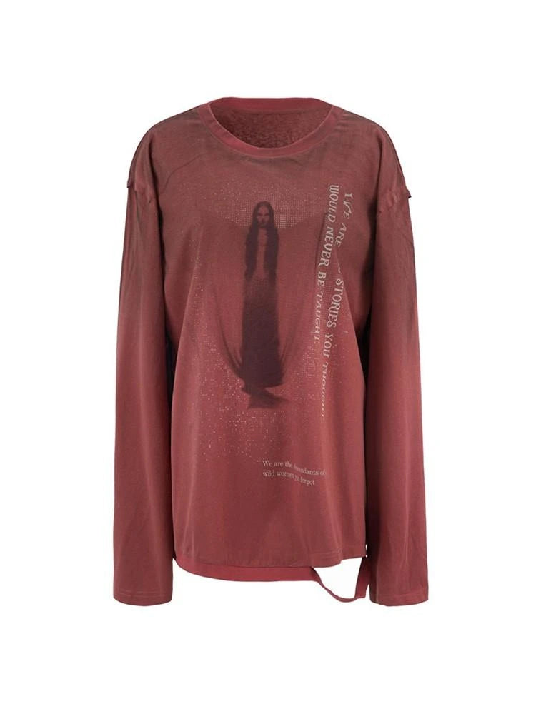 Vintage Distressed Print Basic Round Neck Long Sleeve T-Shirt