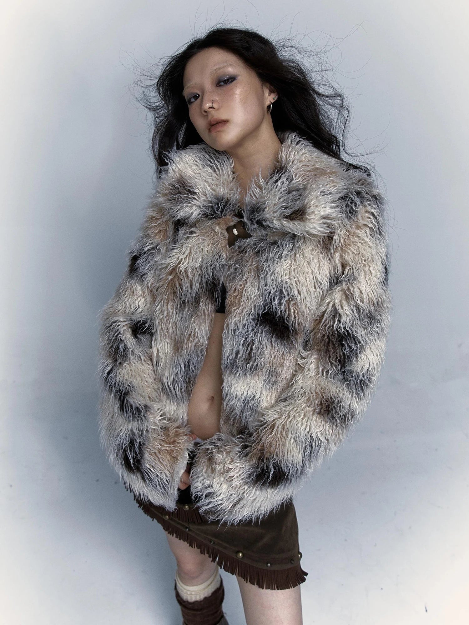 Vintage Distressed Short Fuzzy Jacket Eco Faux Fur Coat