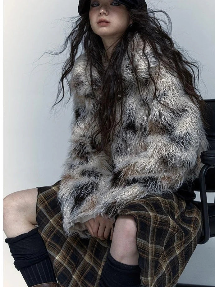 Vintage Distressed Short Fuzzy Jacket Eco Faux Fur Coat
