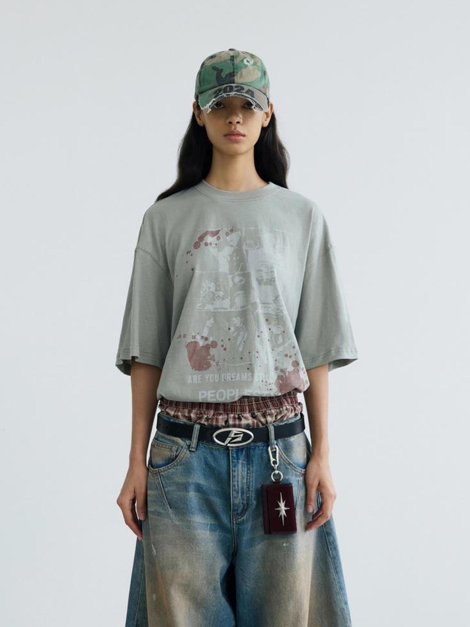 Peoplesense Vintage Distressed White Ink Print Loose Cotton Tee
