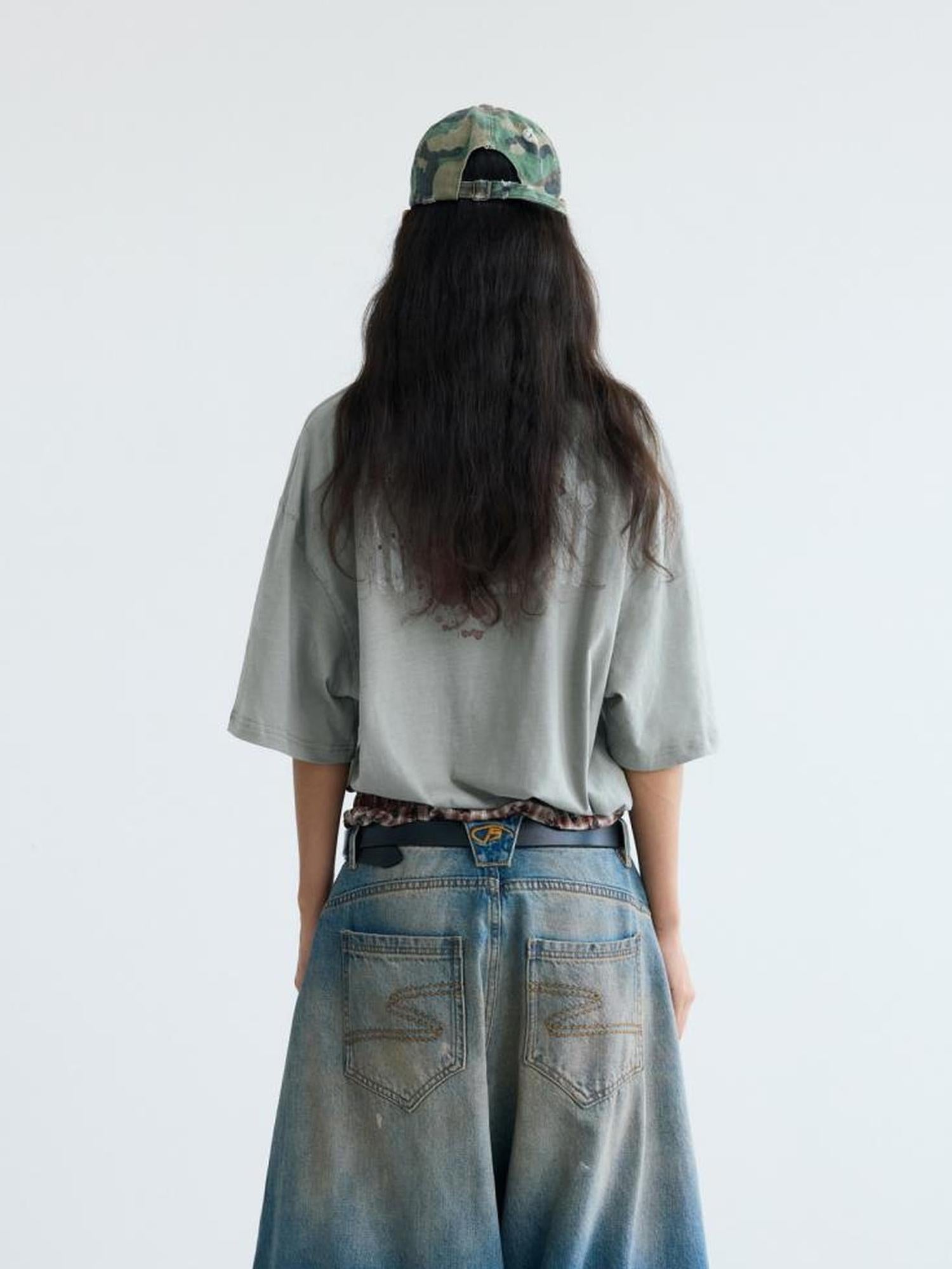 Peoplesense Vintage Distressed White Ink Print Loose Cotton Tee