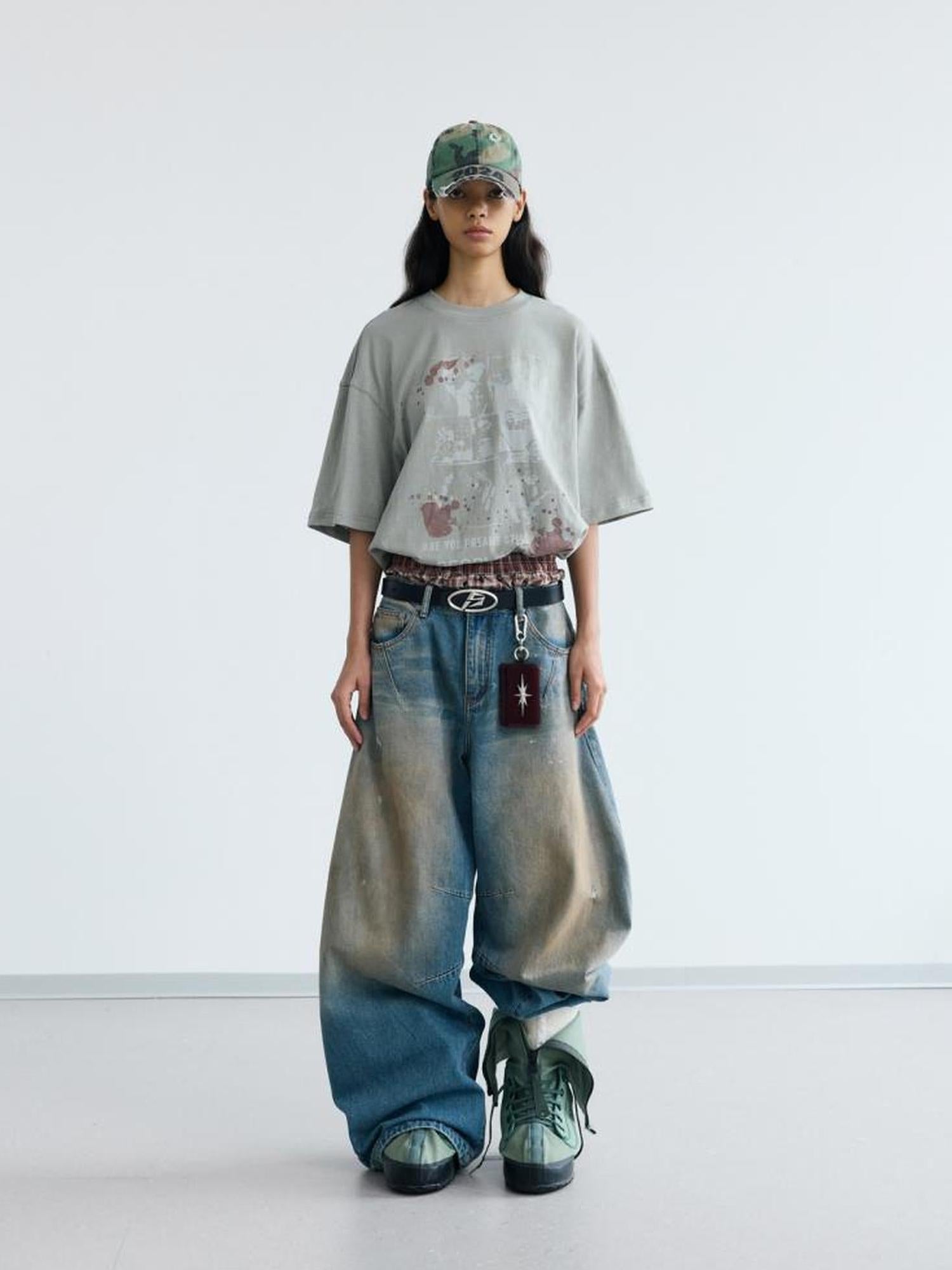 Peoplesense Vintage Distressed White Ink Print Loose Cotton Tee