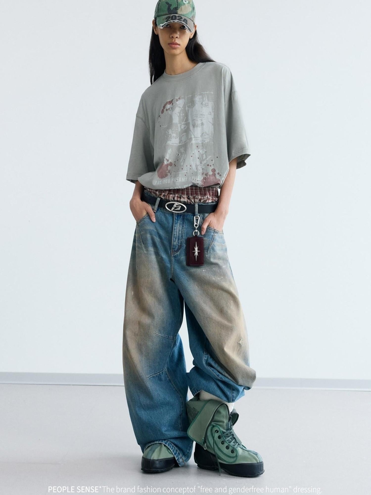 Peoplesense Vintage Distressed White Ink Print Loose Cotton Tee