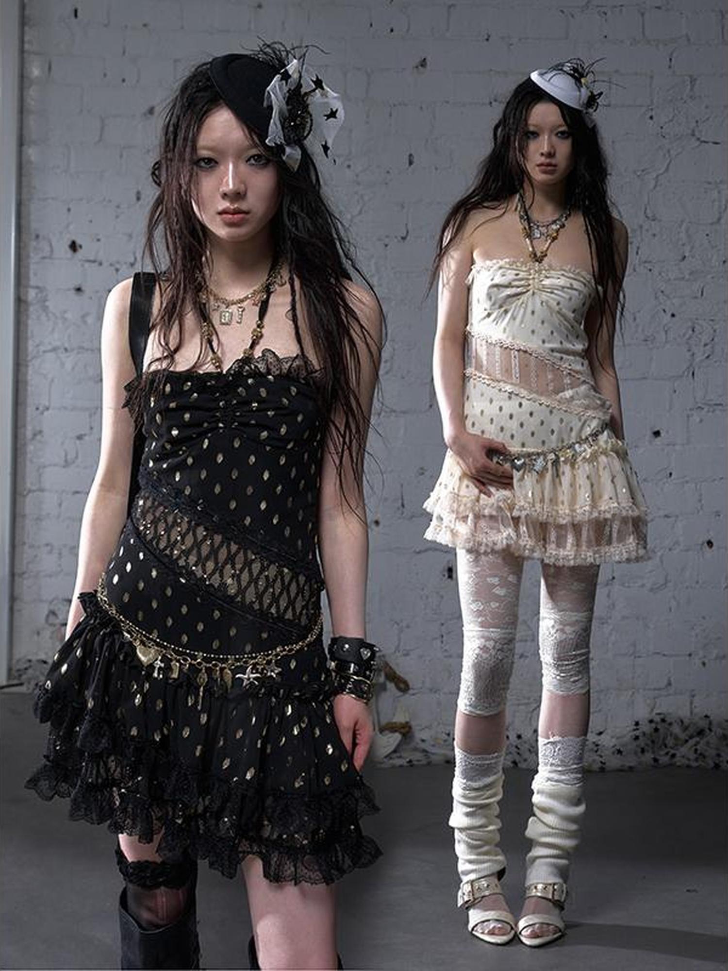 NO ROMANCE Vintage Dot Gold Lace Halter Bustier Dress