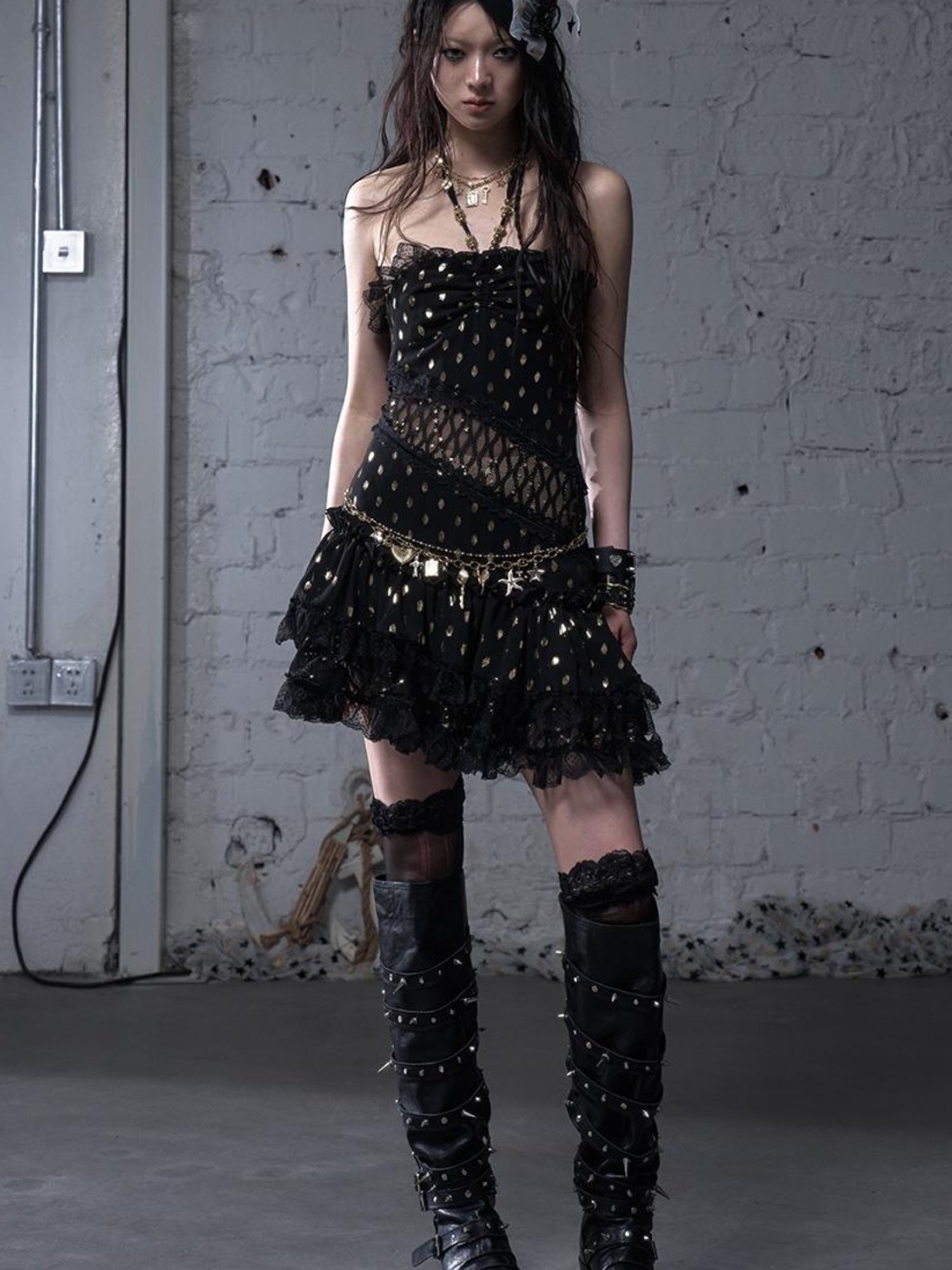 NO ROMANCE Vintage Dot Gold Lace Halter Bustier Dress