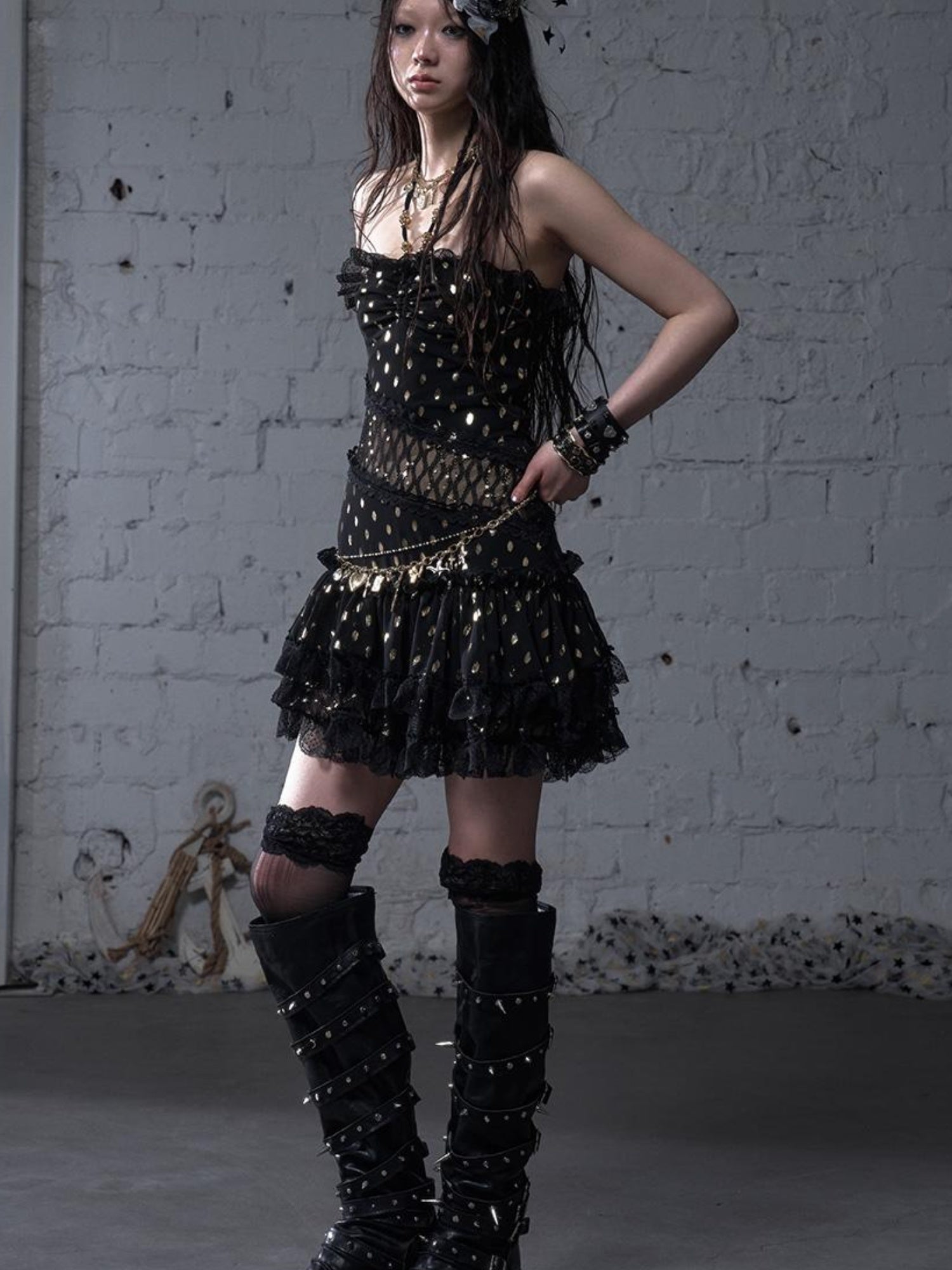 NO ROMANCE Vintage Dot Gold Lace Halter Bustier Dress