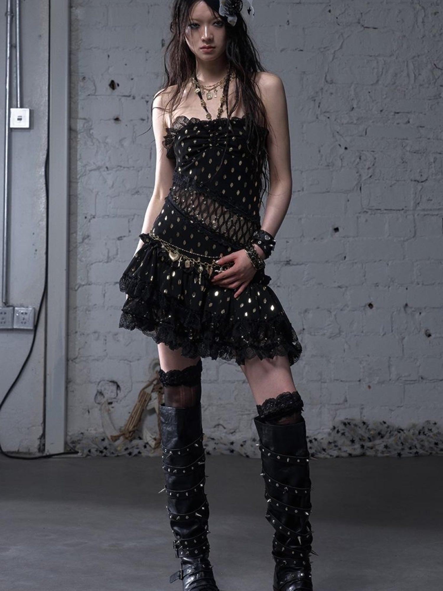 NO ROMANCE Vintage Dot Gold Lace Halter Bustier Dress