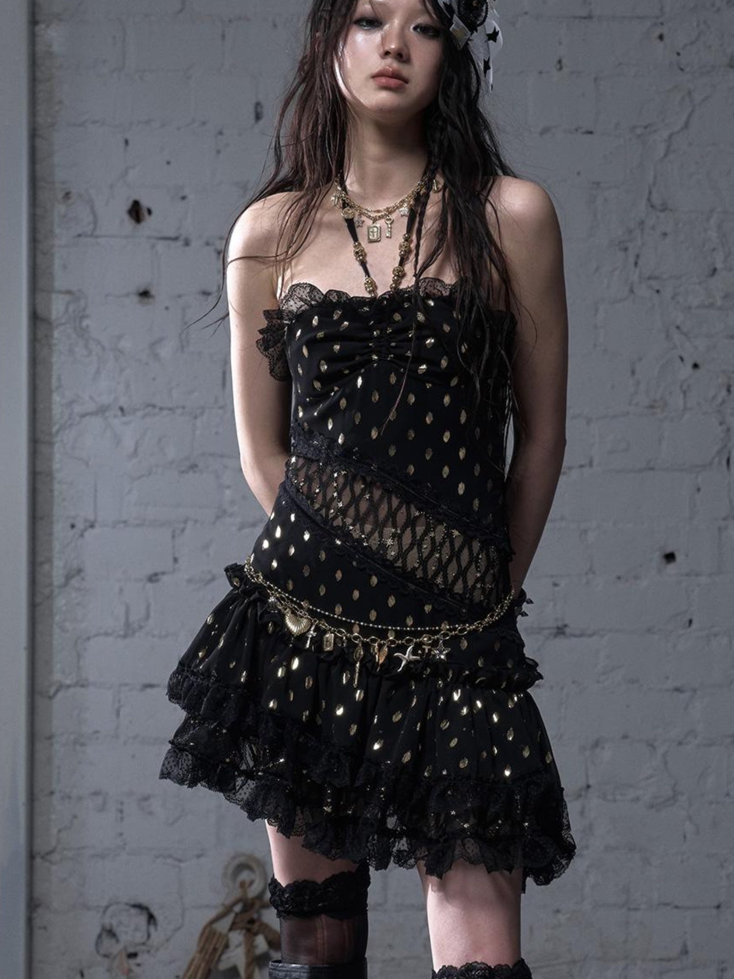 NO ROMANCE Vintage Dot Gold Lace Halter Bustier Dress