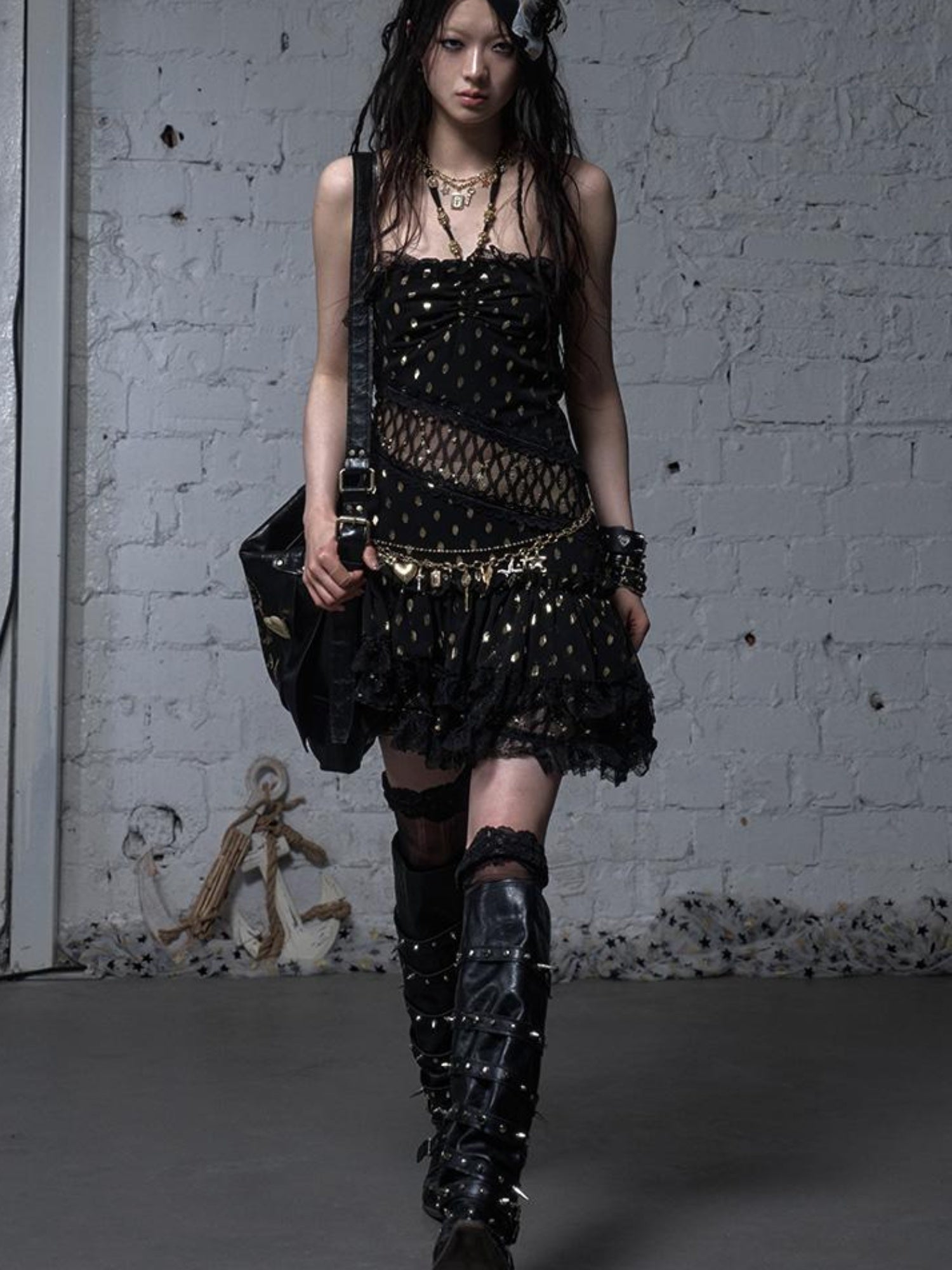 NO ROMANCE Vintage Dot Gold Lace Halter Bustier Dress