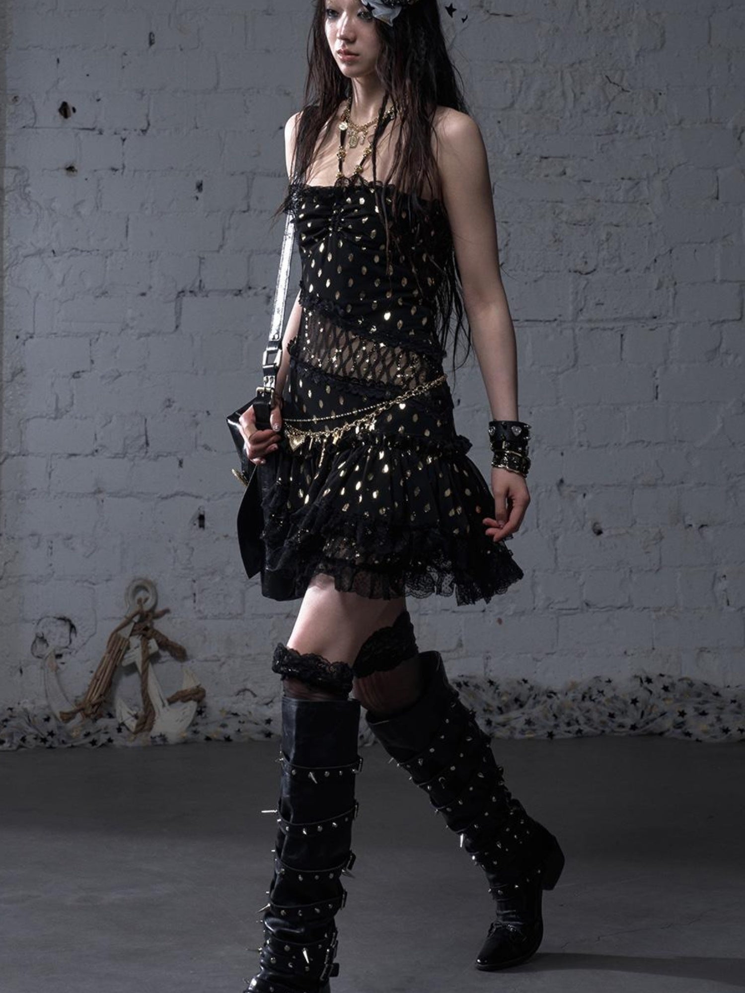 NO ROMANCE Vintage Dot Gold Lace Halter Bustier Dress