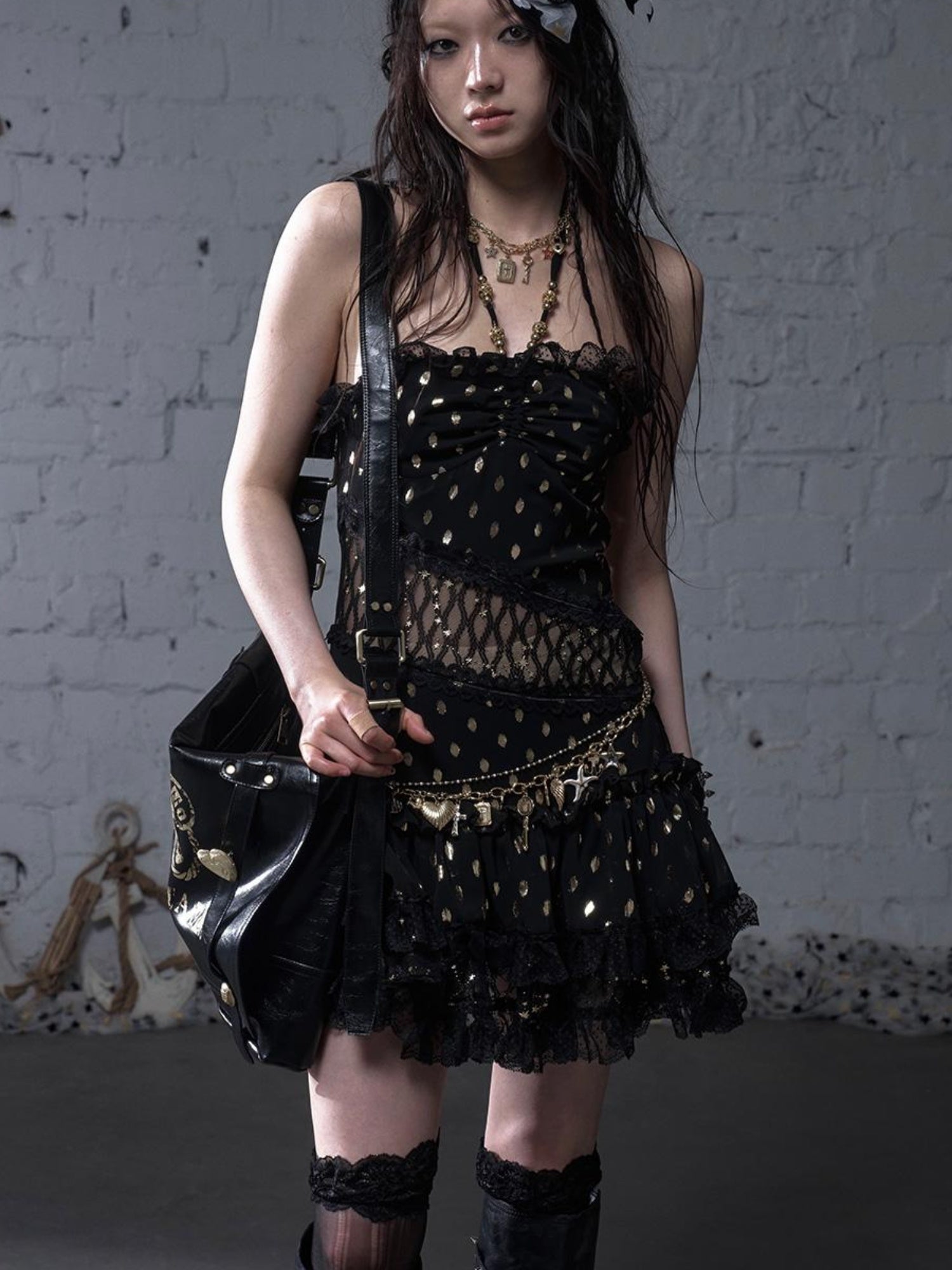 NO ROMANCE Vintage Dot Gold Lace Halter Bustier Dress