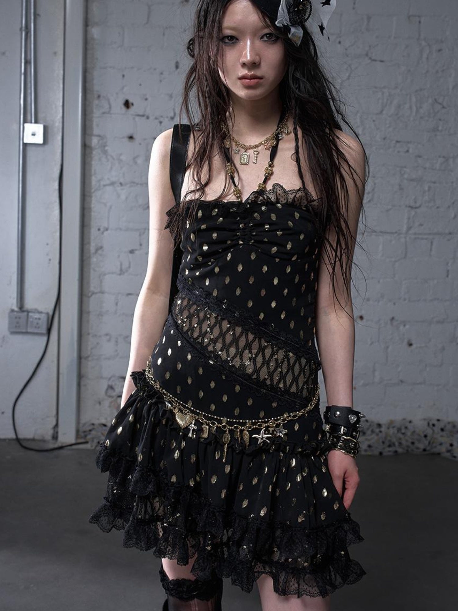 NO ROMANCE Vintage Dot Gold Lace Halter Bustier Dress