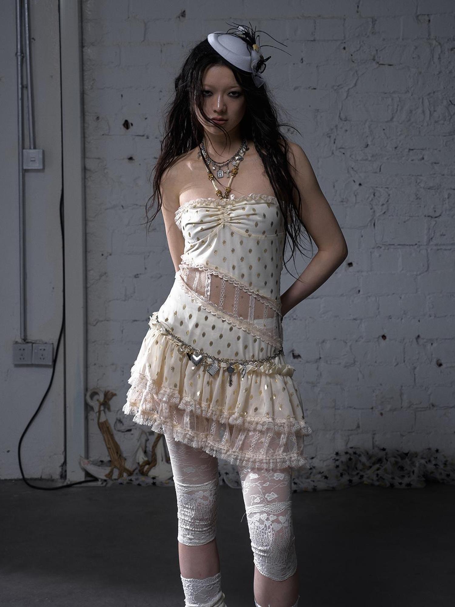 NO ROMANCE Vintage Dot Gold Lace Halter Bustier Dress