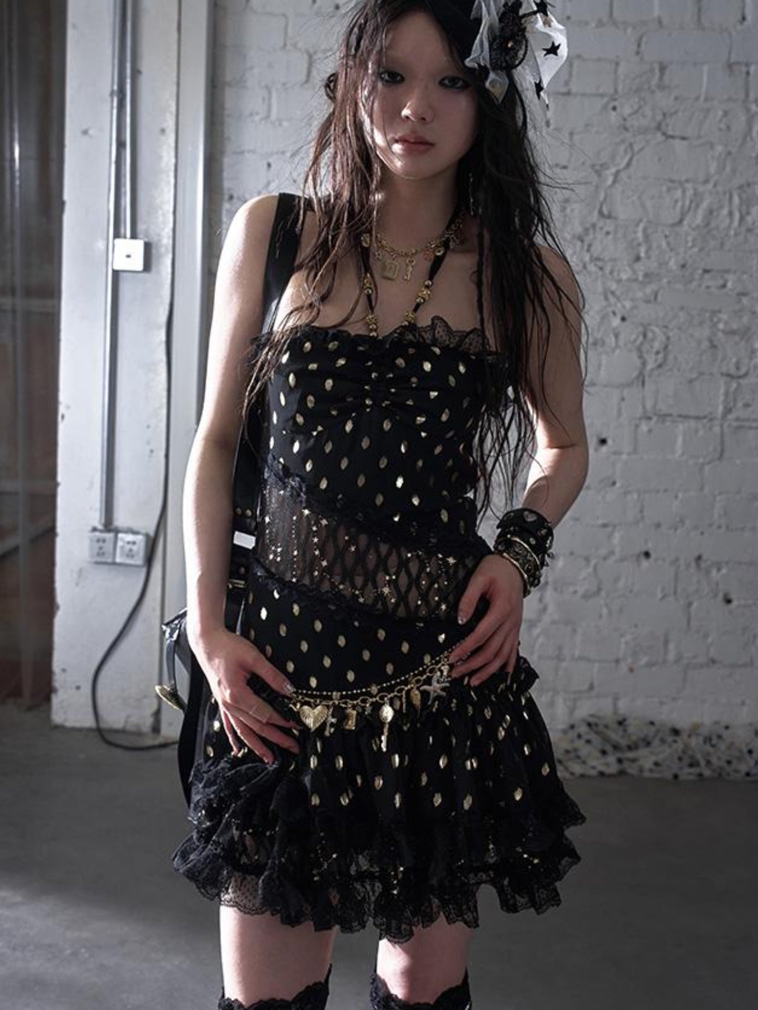 NO ROMANCE Vintage Dot Gold Lace Halter Bustier Dress