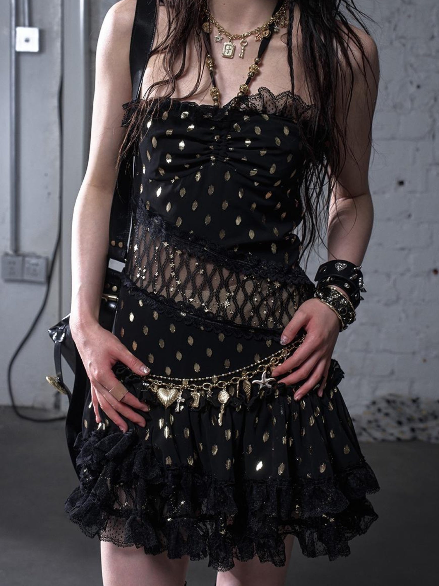 NO ROMANCE Vintage Dot Gold Lace Halter Bustier Dress