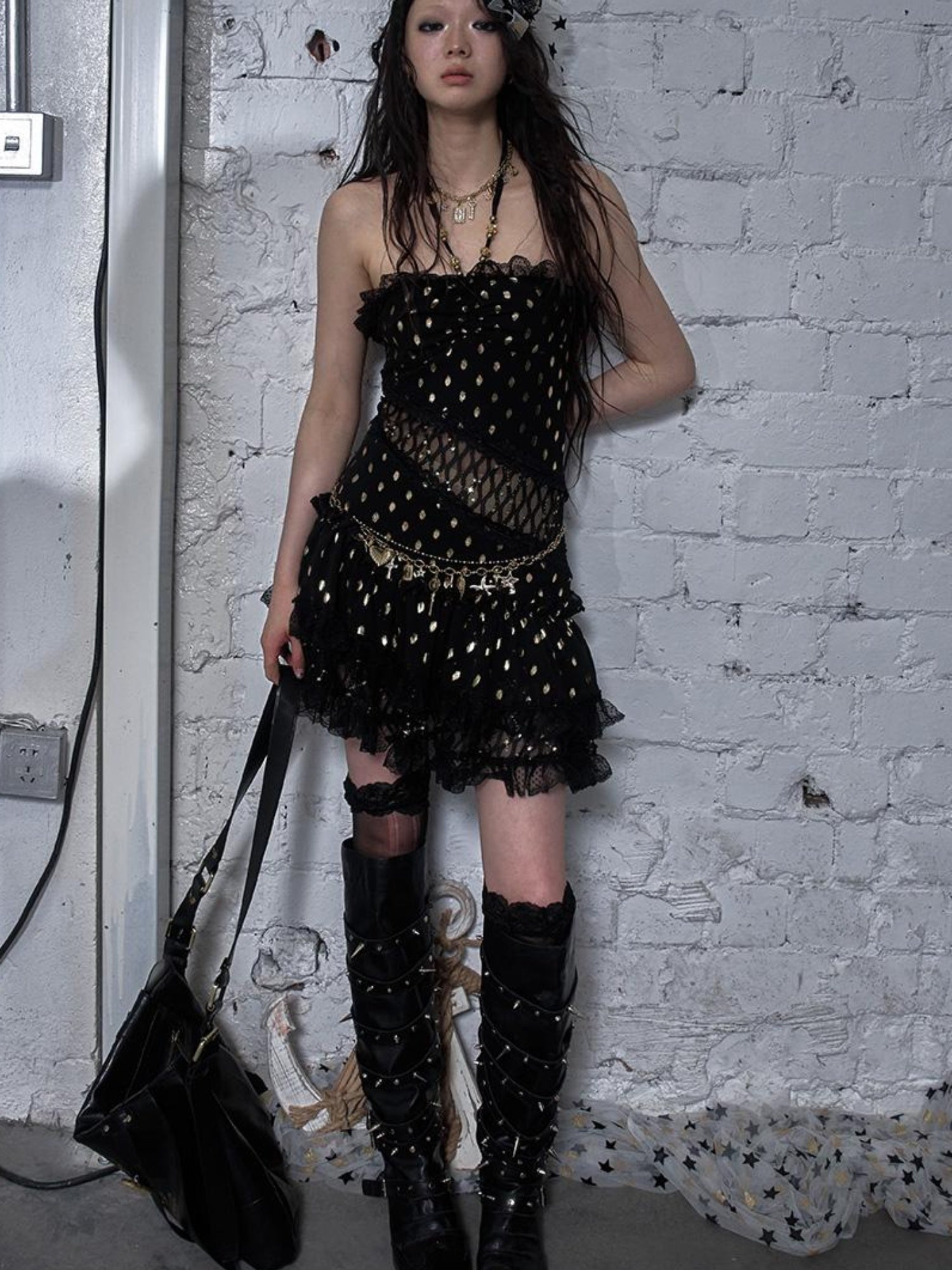 NO ROMANCE Vintage Dot Gold Lace Halter Bustier Dress