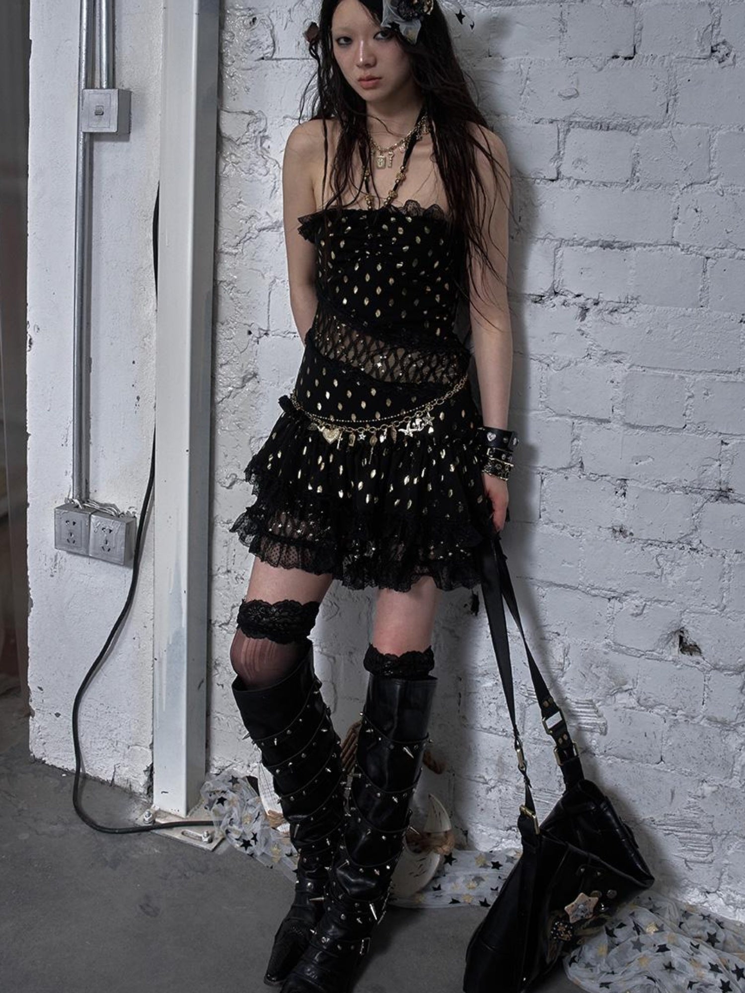 NO ROMANCE Vintage Dot Gold Lace Halter Bustier Dress