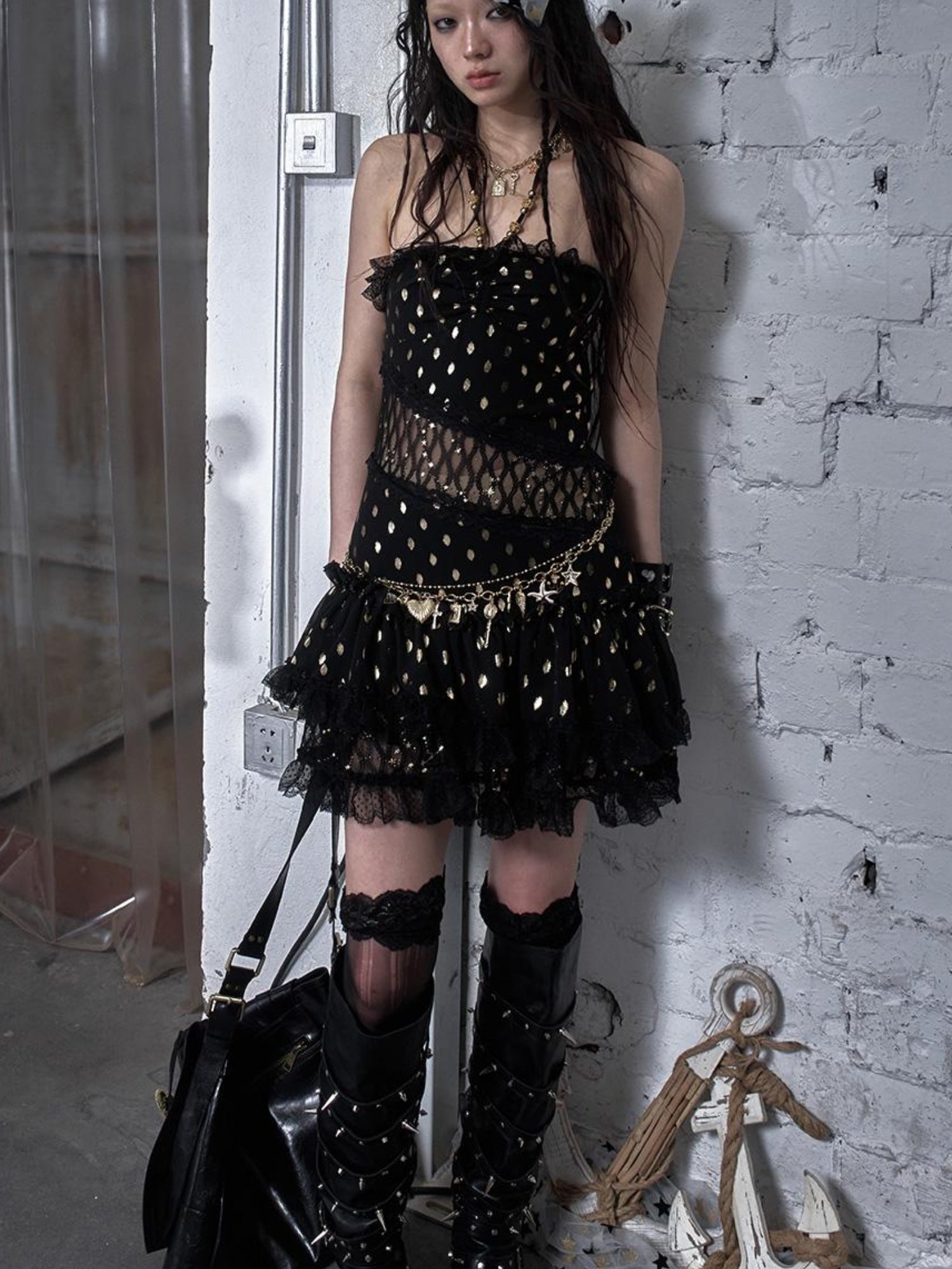 NO ROMANCE Vintage Dot Gold Lace Halter Bustier Dress