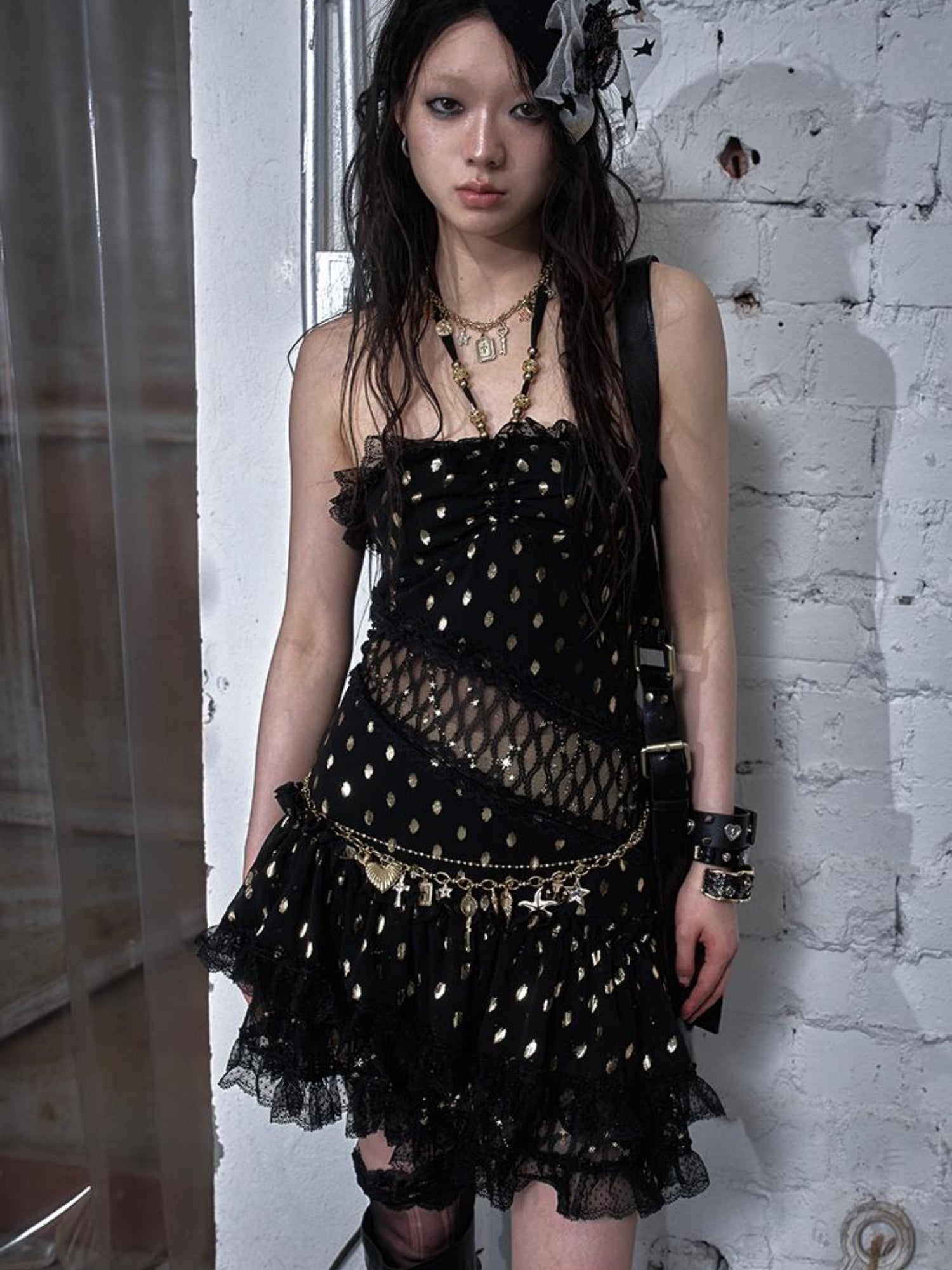 NO ROMANCE Vintage Dot Gold Lace Halter Bustier Dress