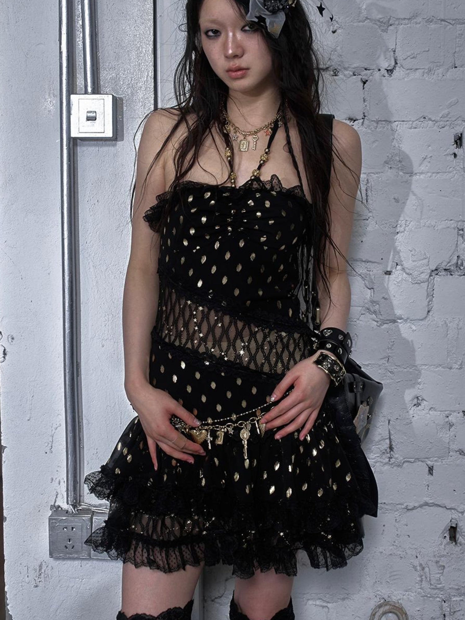 NO ROMANCE Vintage Dot Gold Lace Halter Bustier Dress