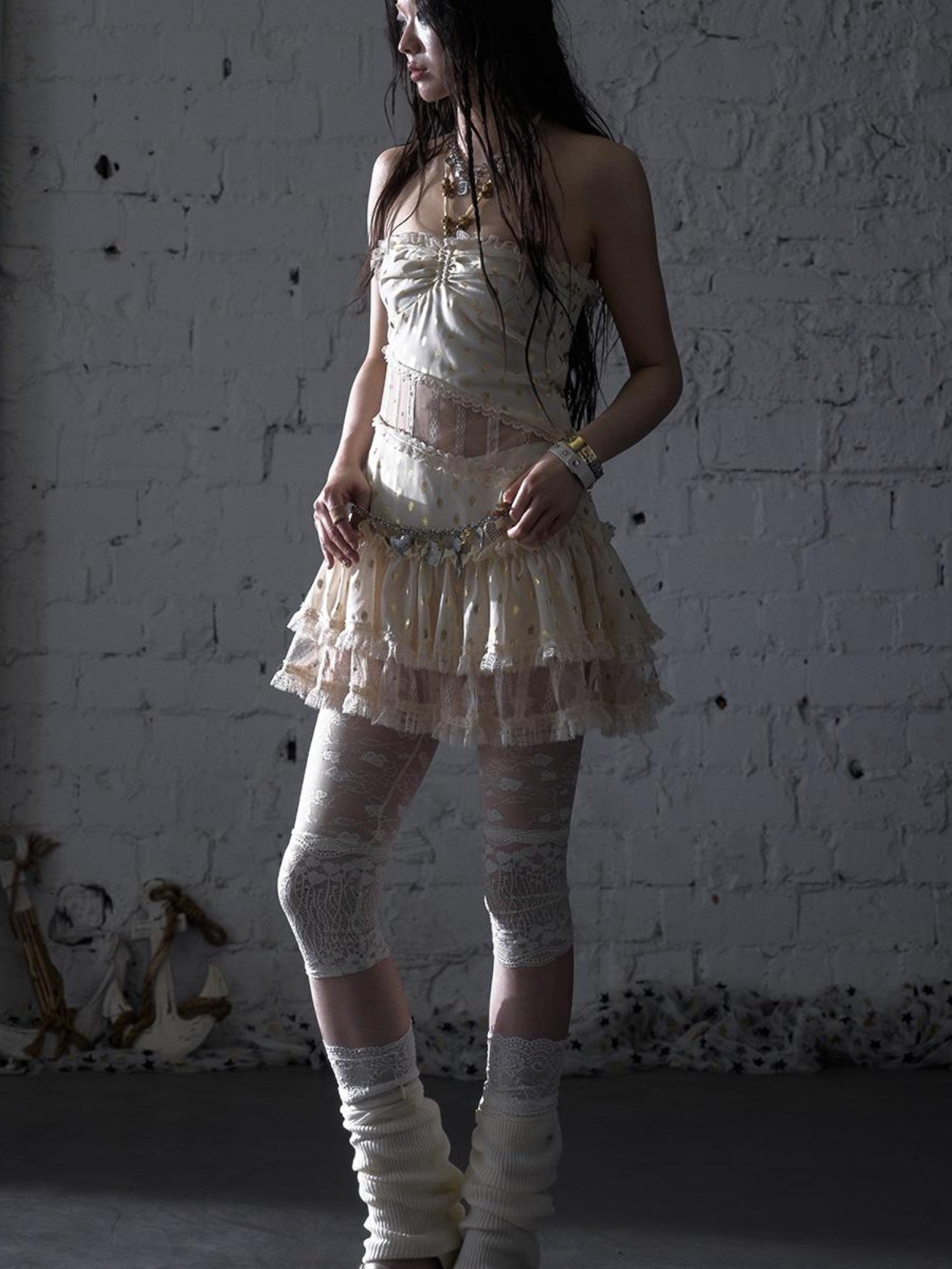 NO ROMANCE Vintage Dot Gold Lace Halter Bustier Dress