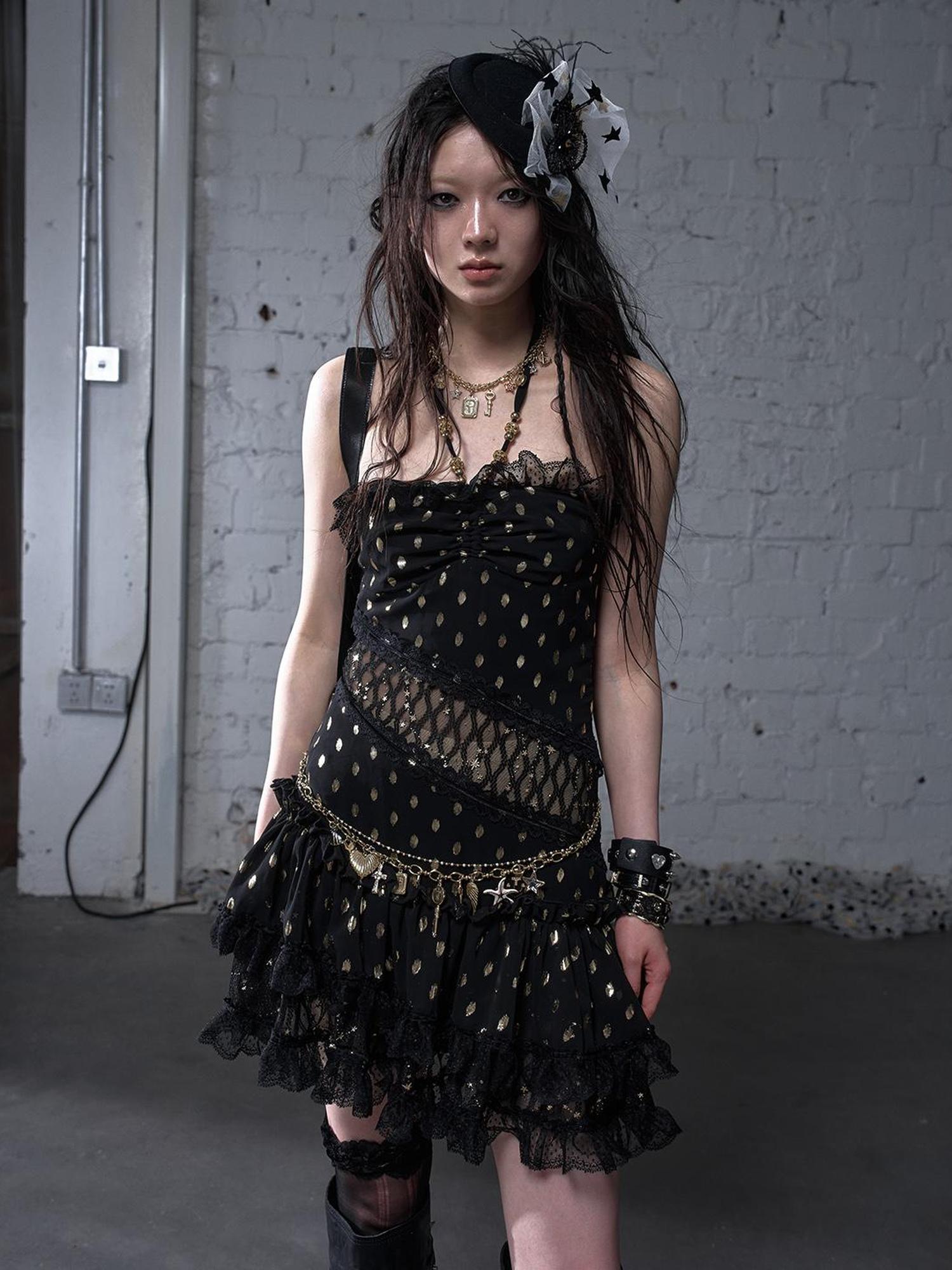 NO ROMANCE Vintage Dot Gold Lace Halter Bustier Dress
