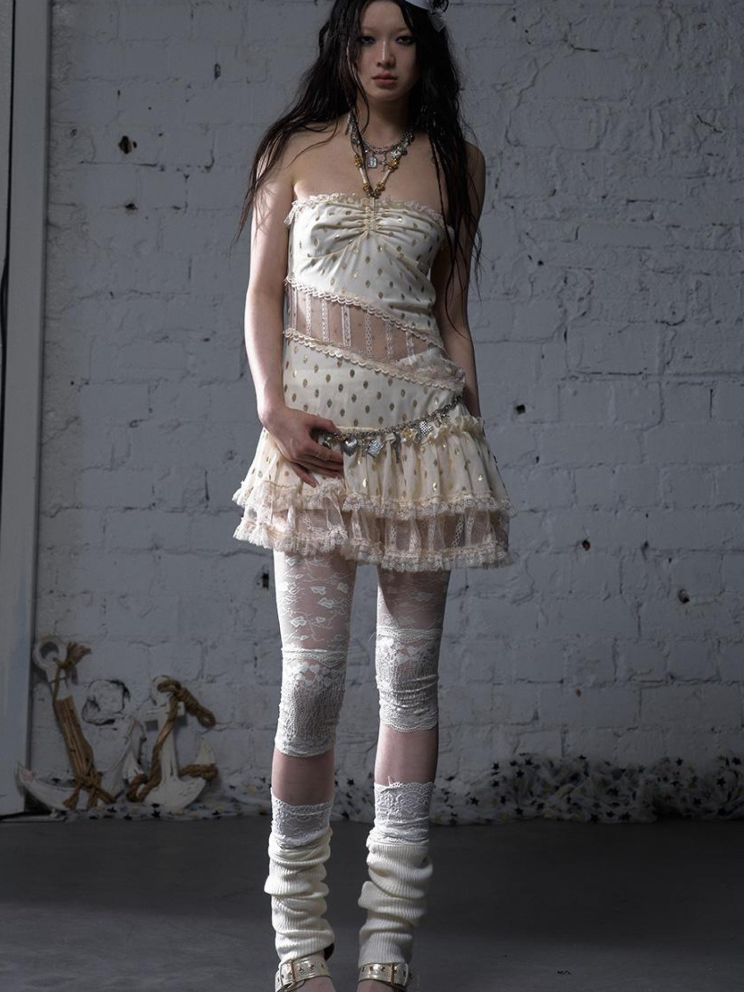 NO ROMANCE Vintage Dot Gold Lace Halter Bustier Dress