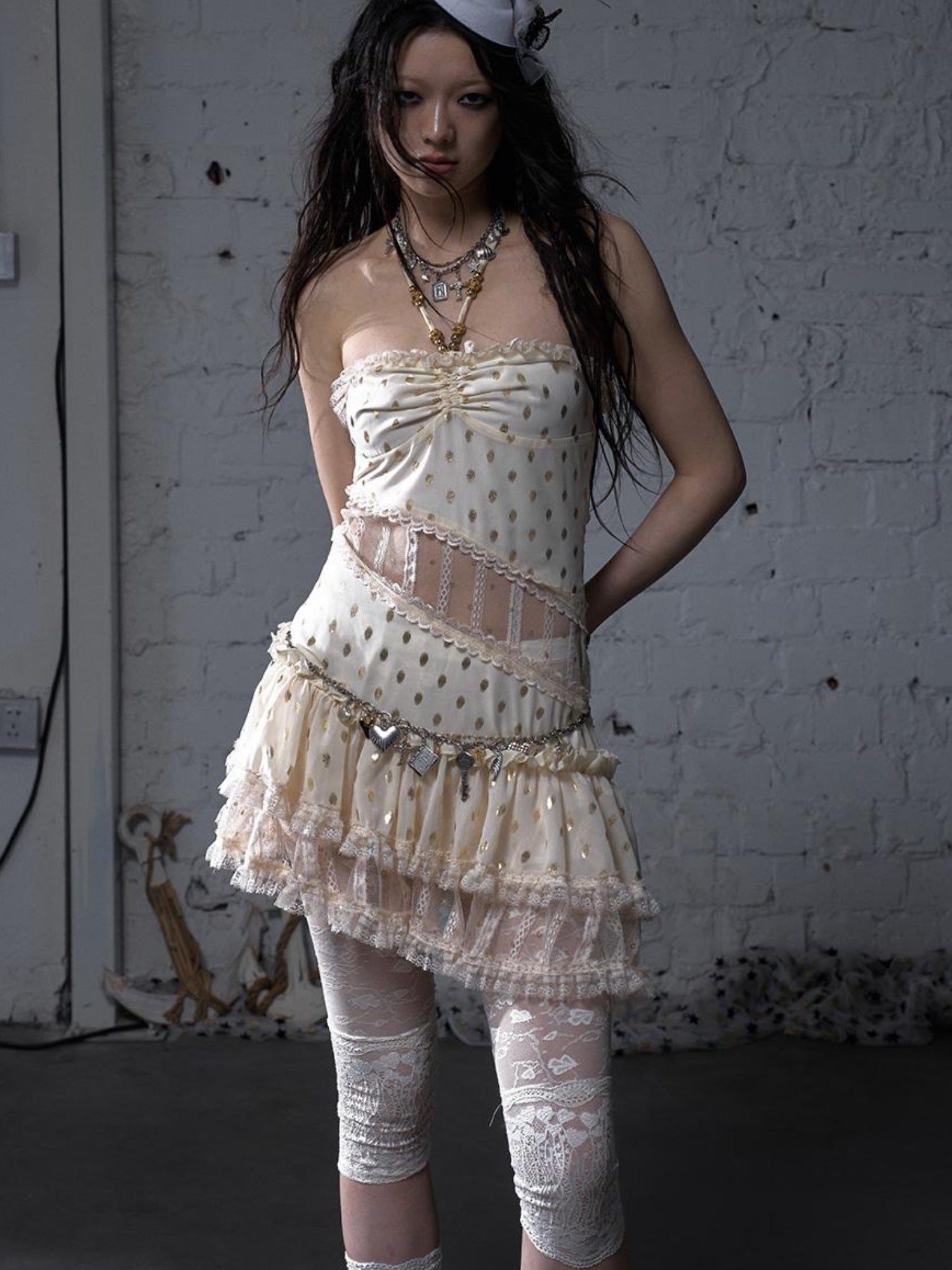 NO ROMANCE Vintage Dot Gold Lace Halter Bustier Dress
