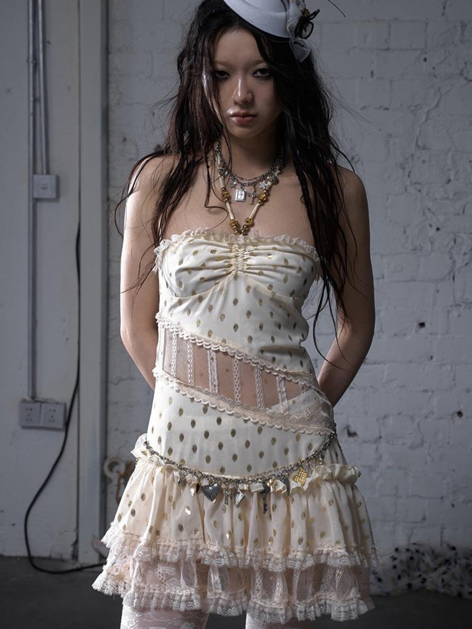 NO ROMANCE Vintage Dot Gold Lace Halter Bustier Dress