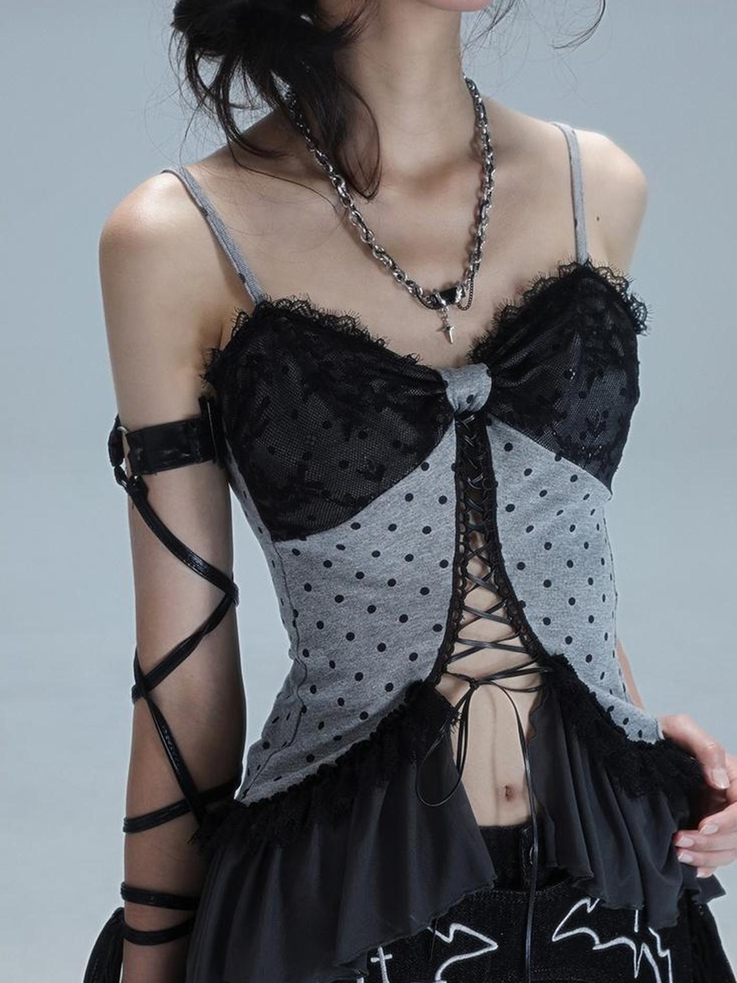 WSW WUSHENWU Vintage Dot Lace Hollow Out Y2K Cami Top