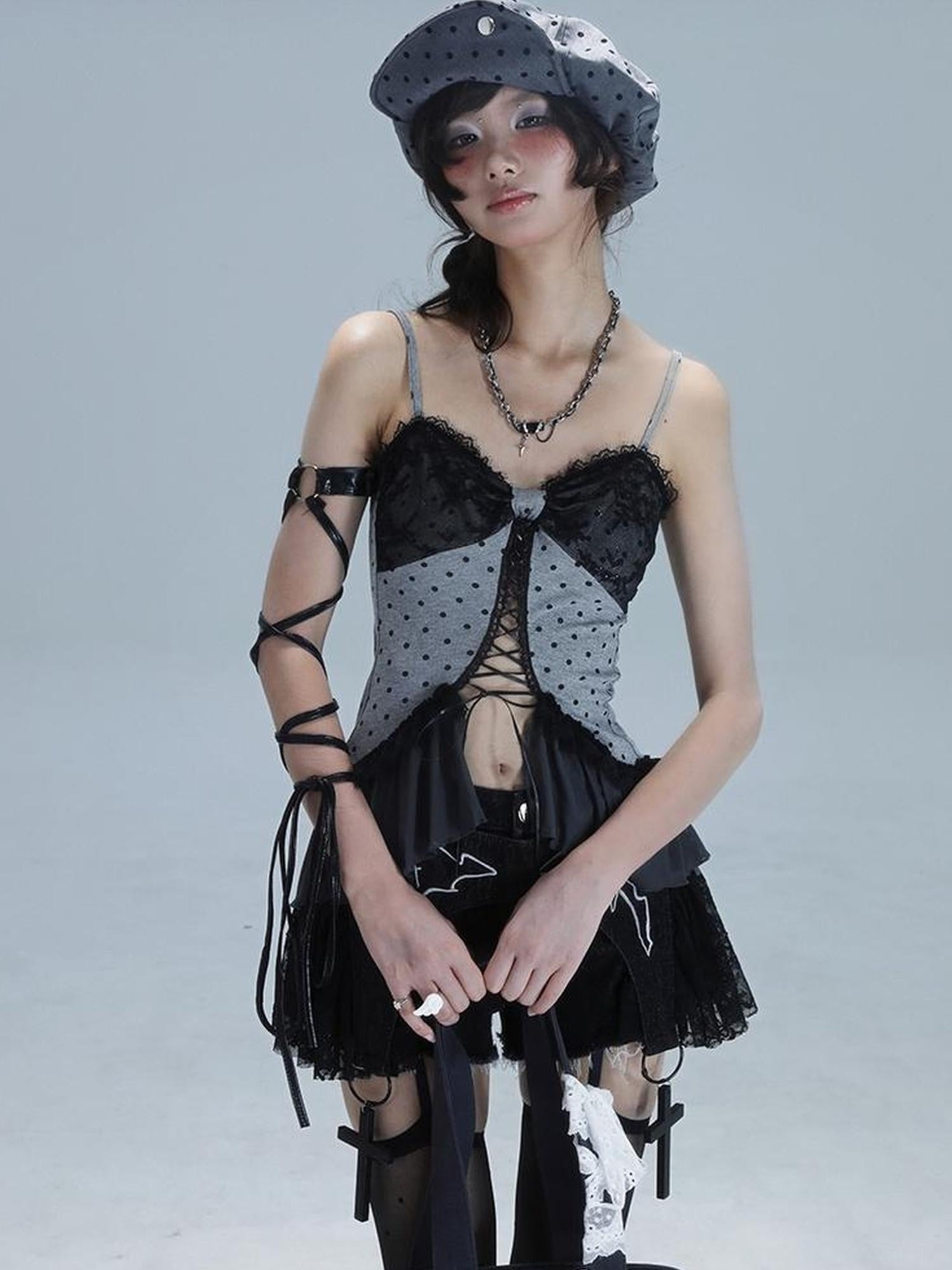 WSW WUSHENWU Vintage Dot Lace Hollow Out Y2K Cami Top