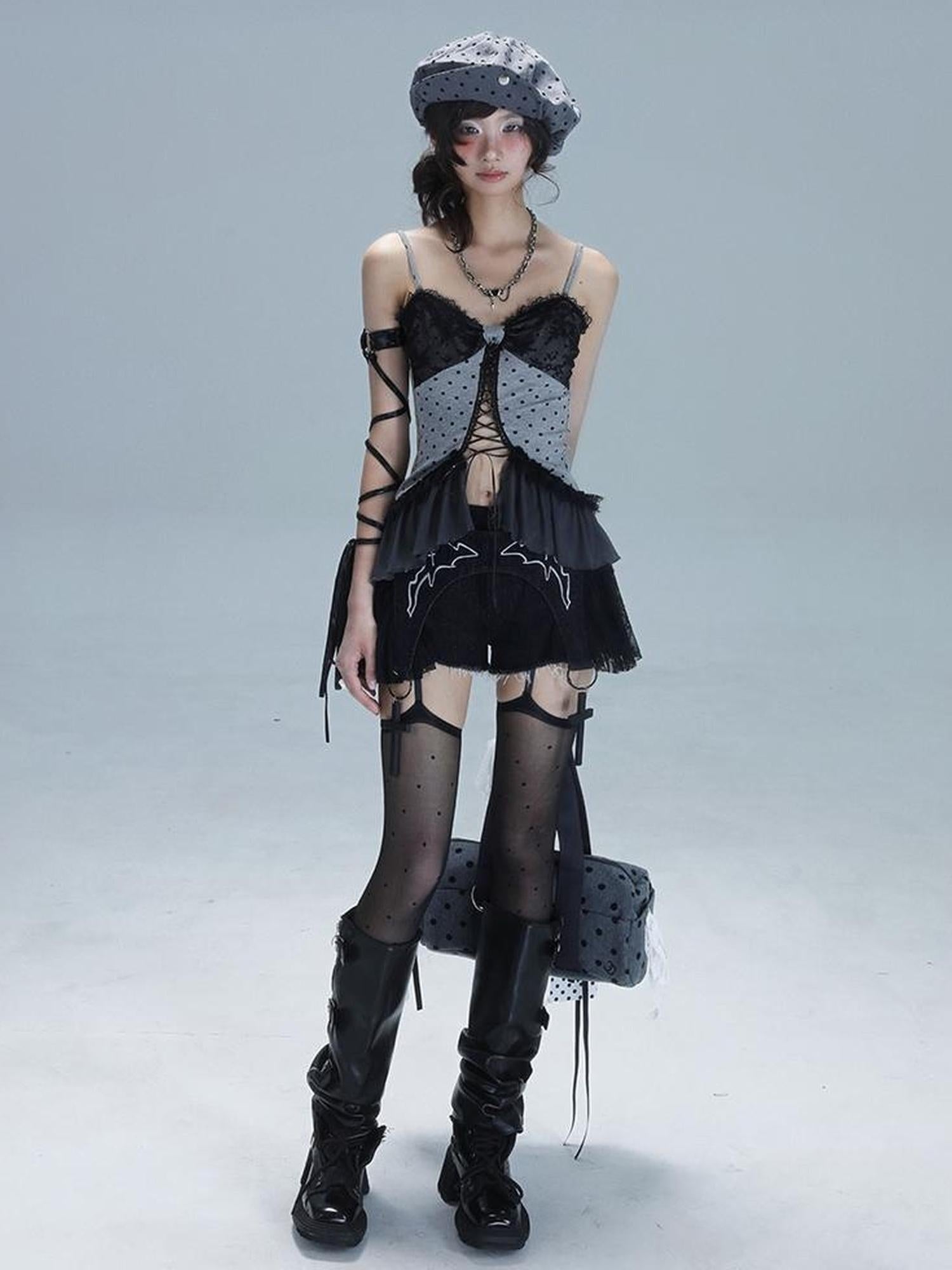 WSW WUSHENWU Vintage Dot Lace Hollow Out Y2K Cami Top