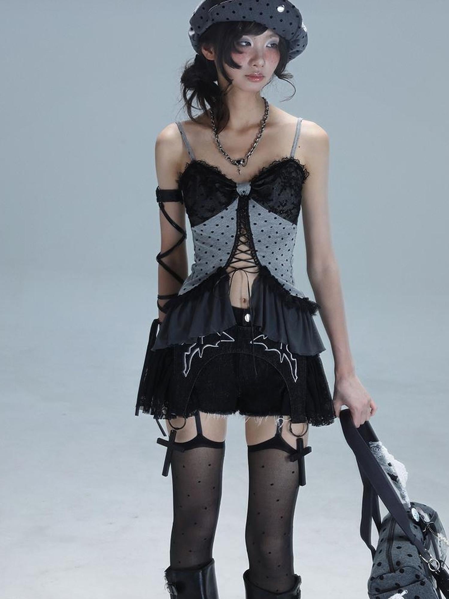 WSW WUSHENWU Vintage Dot Lace Hollow Out Y2K Cami Top