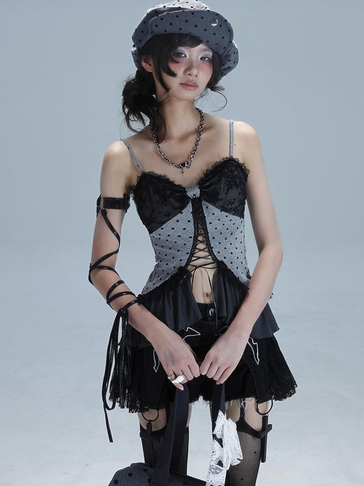 WSW WUSHENWU Vintage Dot Lace Hollow Out Y2K Cami Top