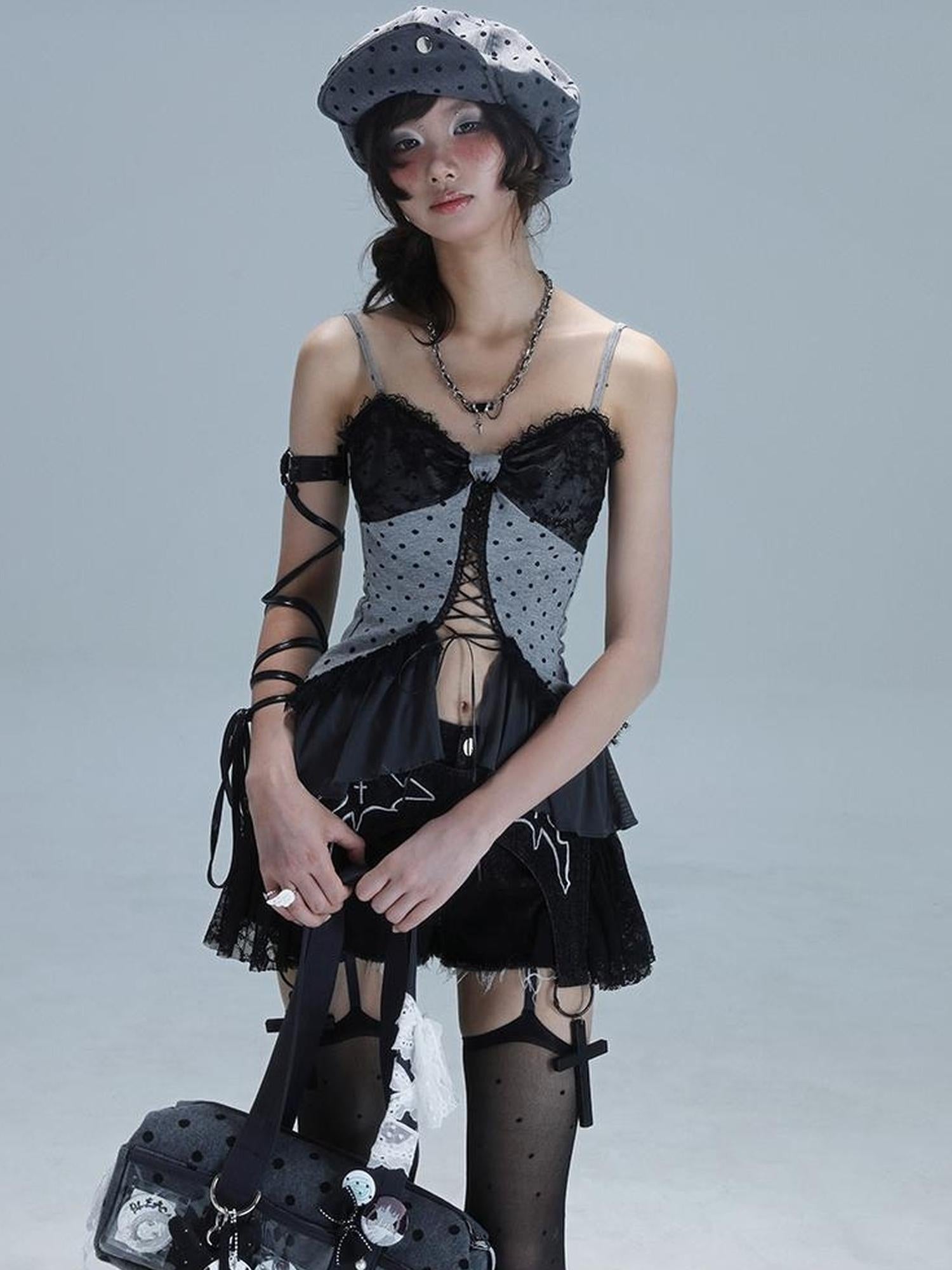 WSW WUSHENWU Vintage Dot Lace Hollow Out Y2K Cami Top