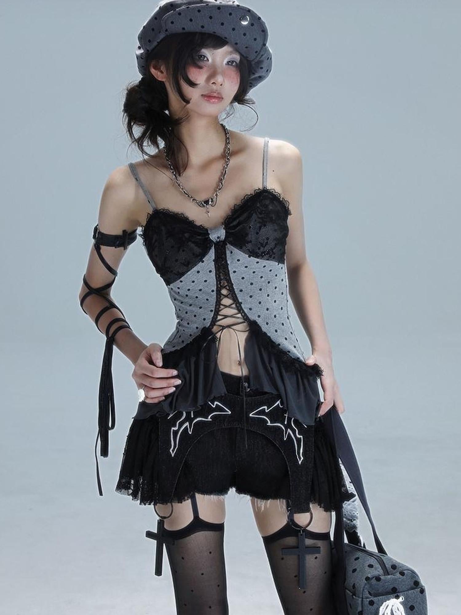 WSW WUSHENWU Vintage Dot Lace Hollow Out Y2K Cami Top