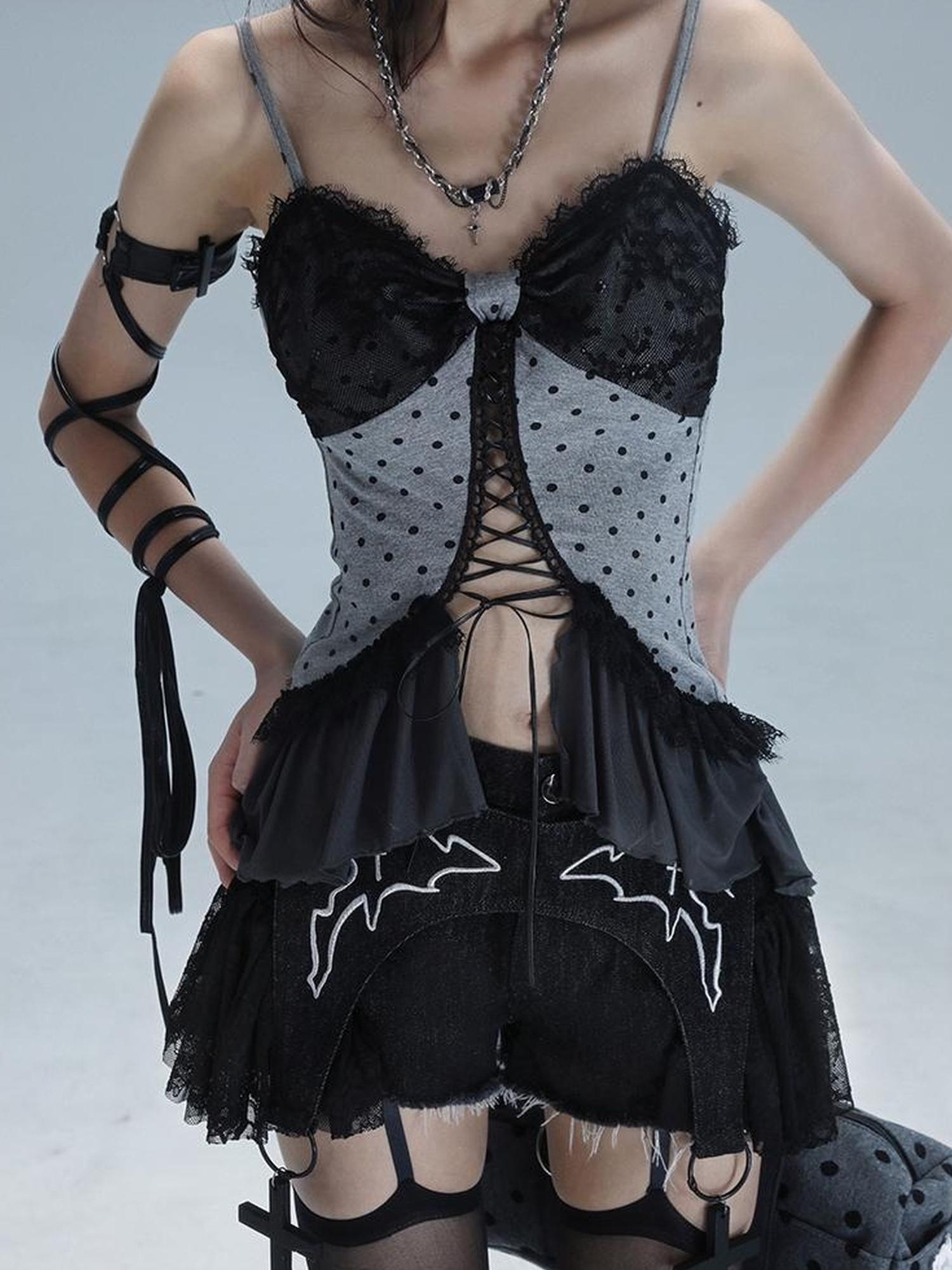 WSW WUSHENWU Vintage Dot Lace Hollow Out Y2K Cami Top