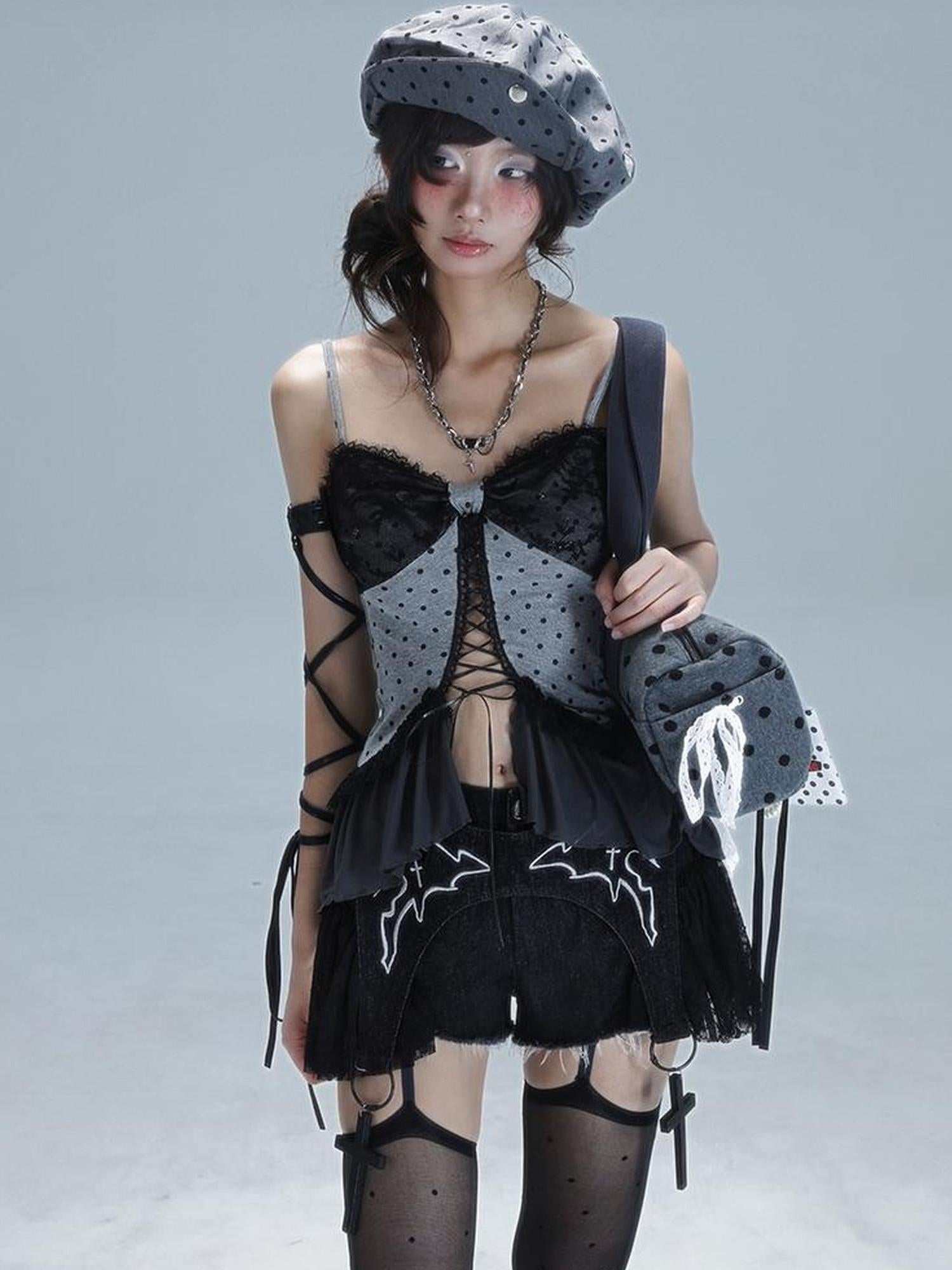 WSW WUSHENWU Vintage Dot Lace Hollow Out Y2K Cami Top