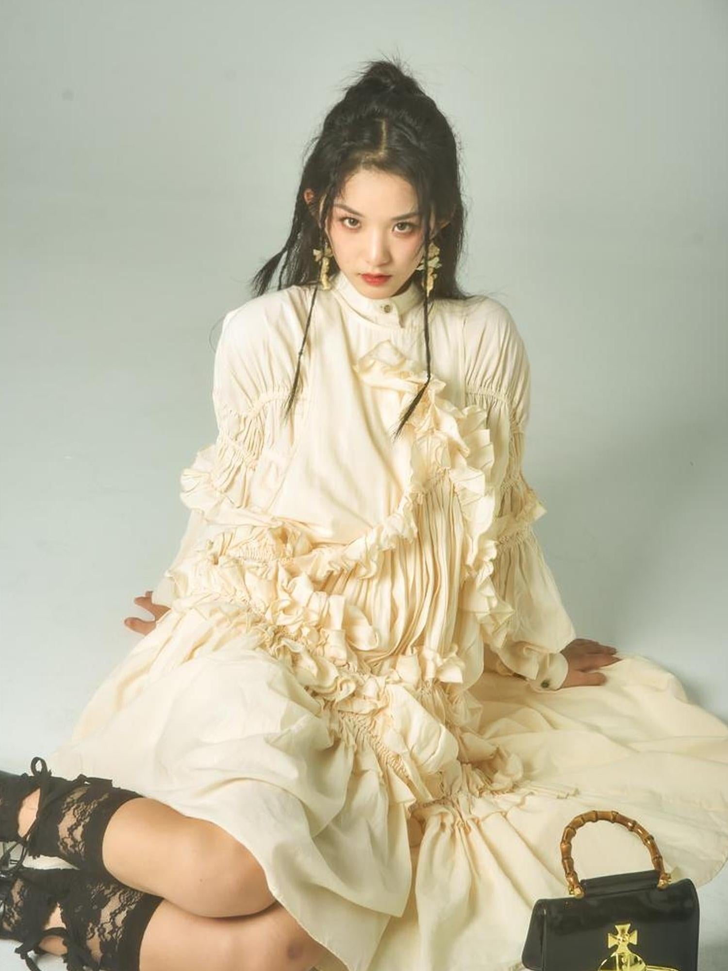 Sweet Mi Vintage Eco Dyed Oversized Cotton Pleat Shirt Dress Vest Set