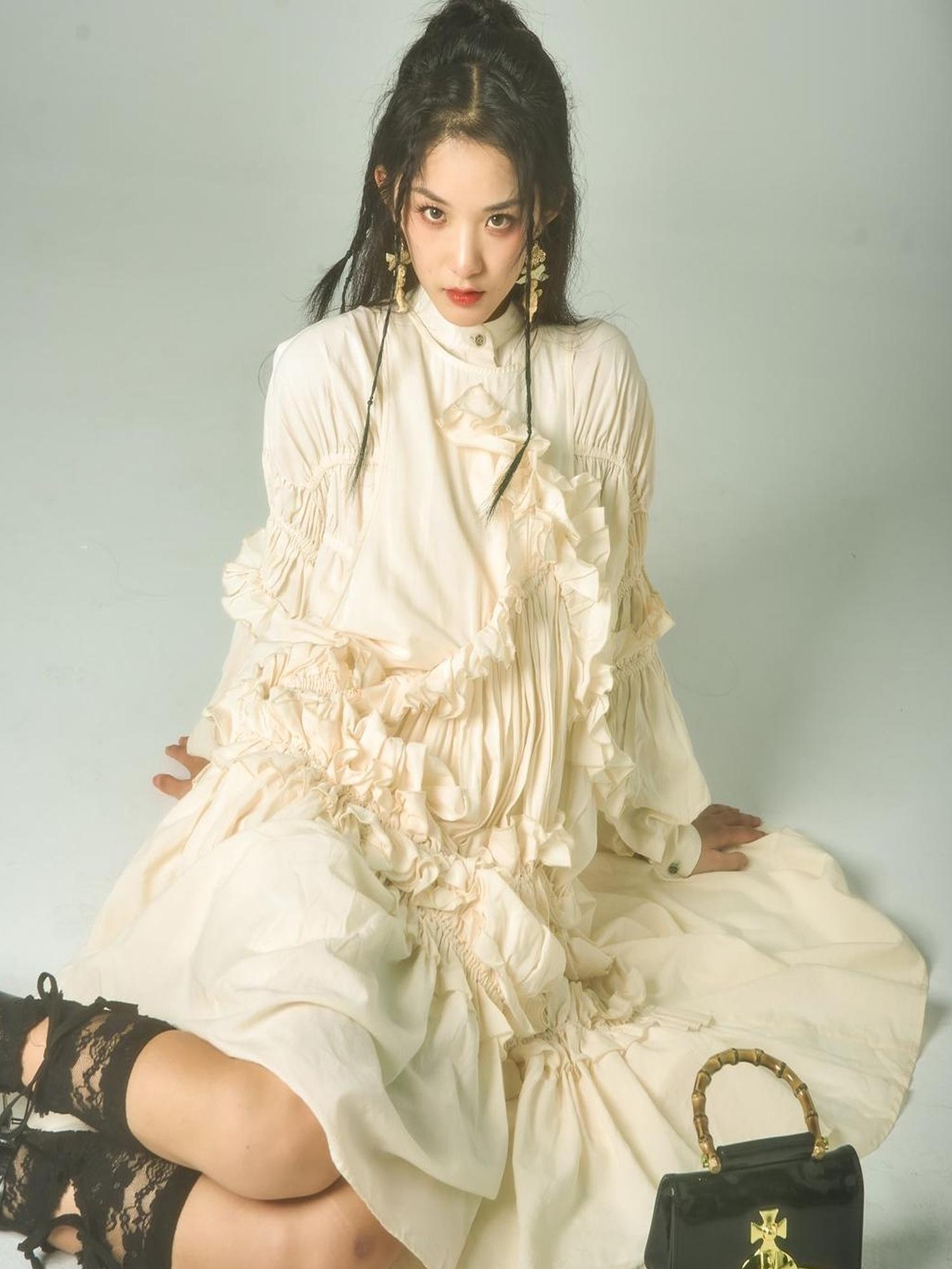 Sweet Mi Vintage Eco Dyed Oversized Cotton Pleat Shirt Dress Vest Set