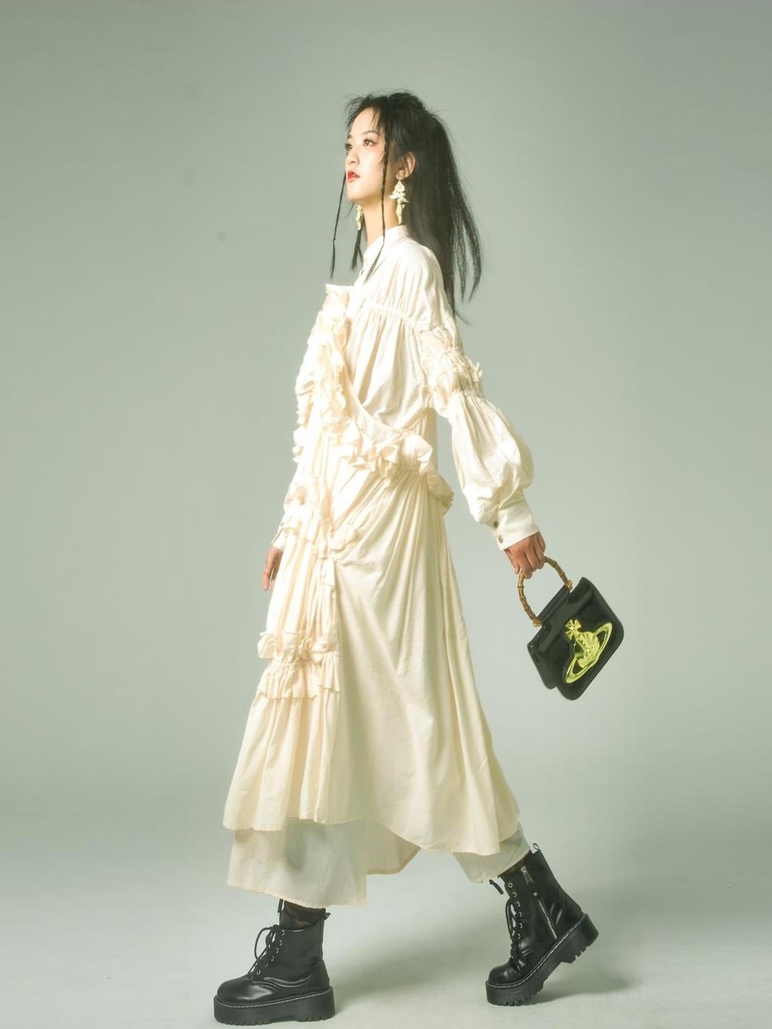 Sweet Mi Vintage Eco Dyed Oversized Cotton Pleat Shirt Dress Vest Set