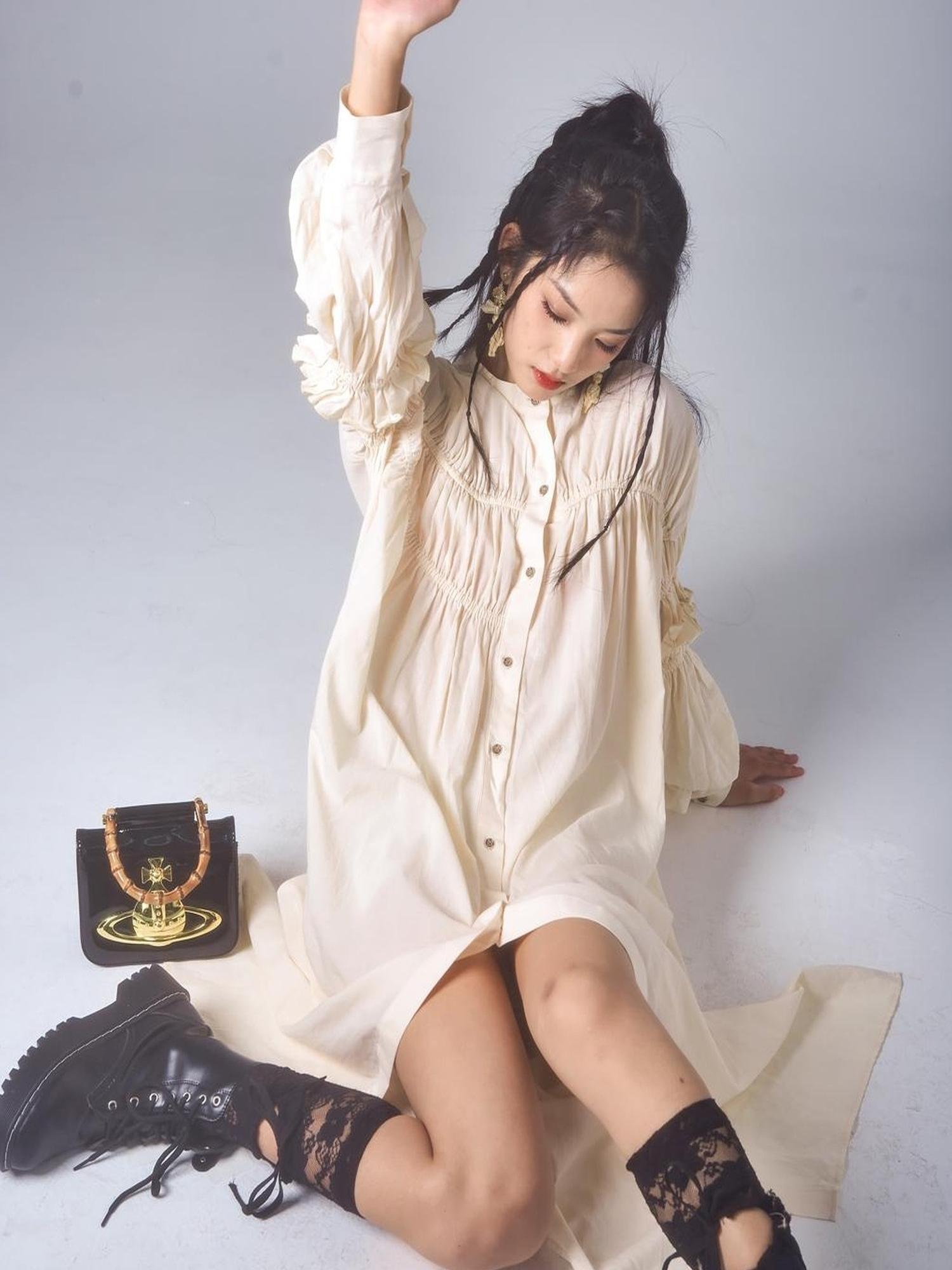 Sweet Mi Vintage Eco Dyed Oversized Cotton Pleat Shirt Dress Vest Set