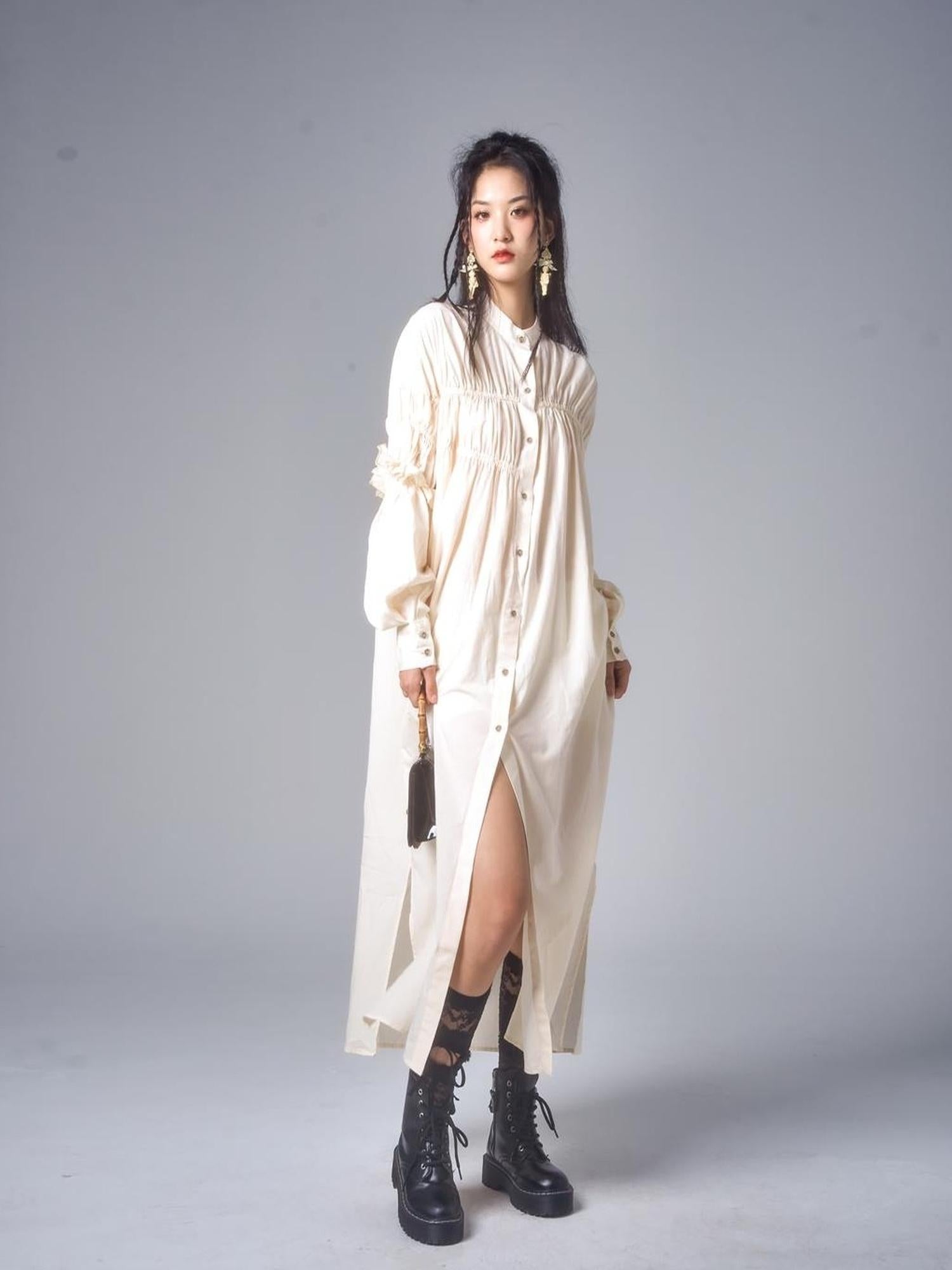 Sweet Mi Vintage Eco Dyed Oversized Cotton Pleat Shirt Dress Vest Set