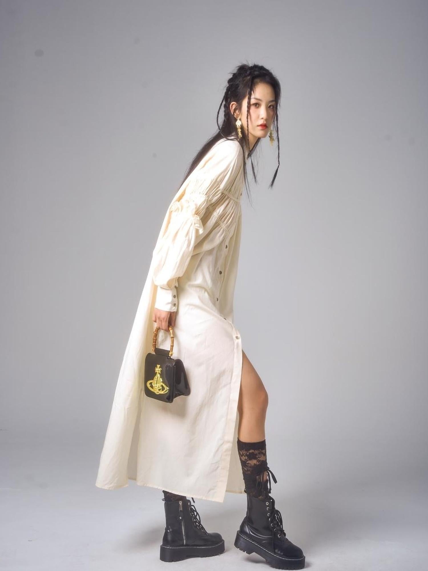 Sweet Mi Vintage Eco Dyed Oversized Cotton Pleat Shirt Dress Vest Set