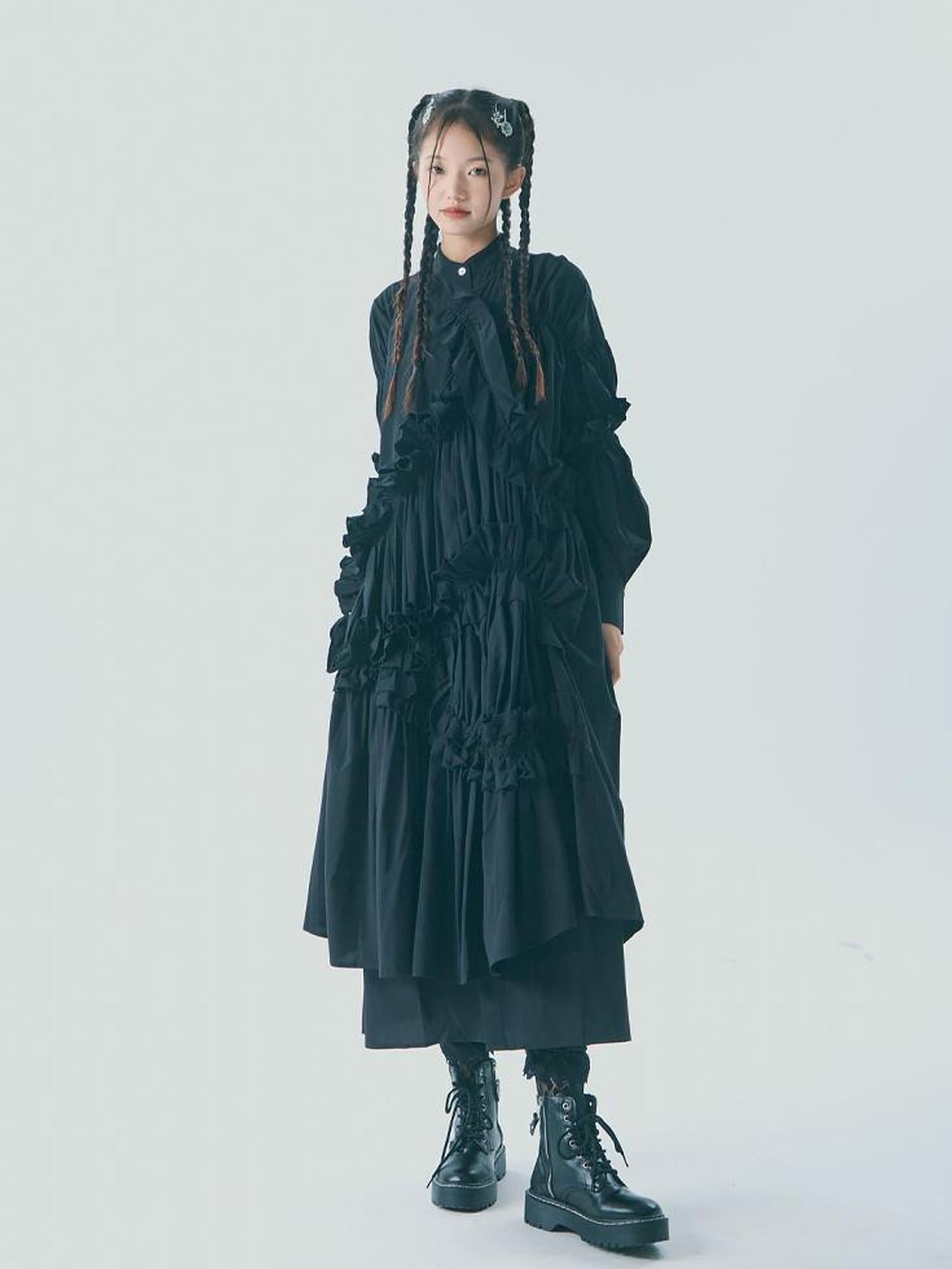 Sweet Mi Vintage Eco Dyed Oversized Cotton Pleat Shirt Dress Vest Set