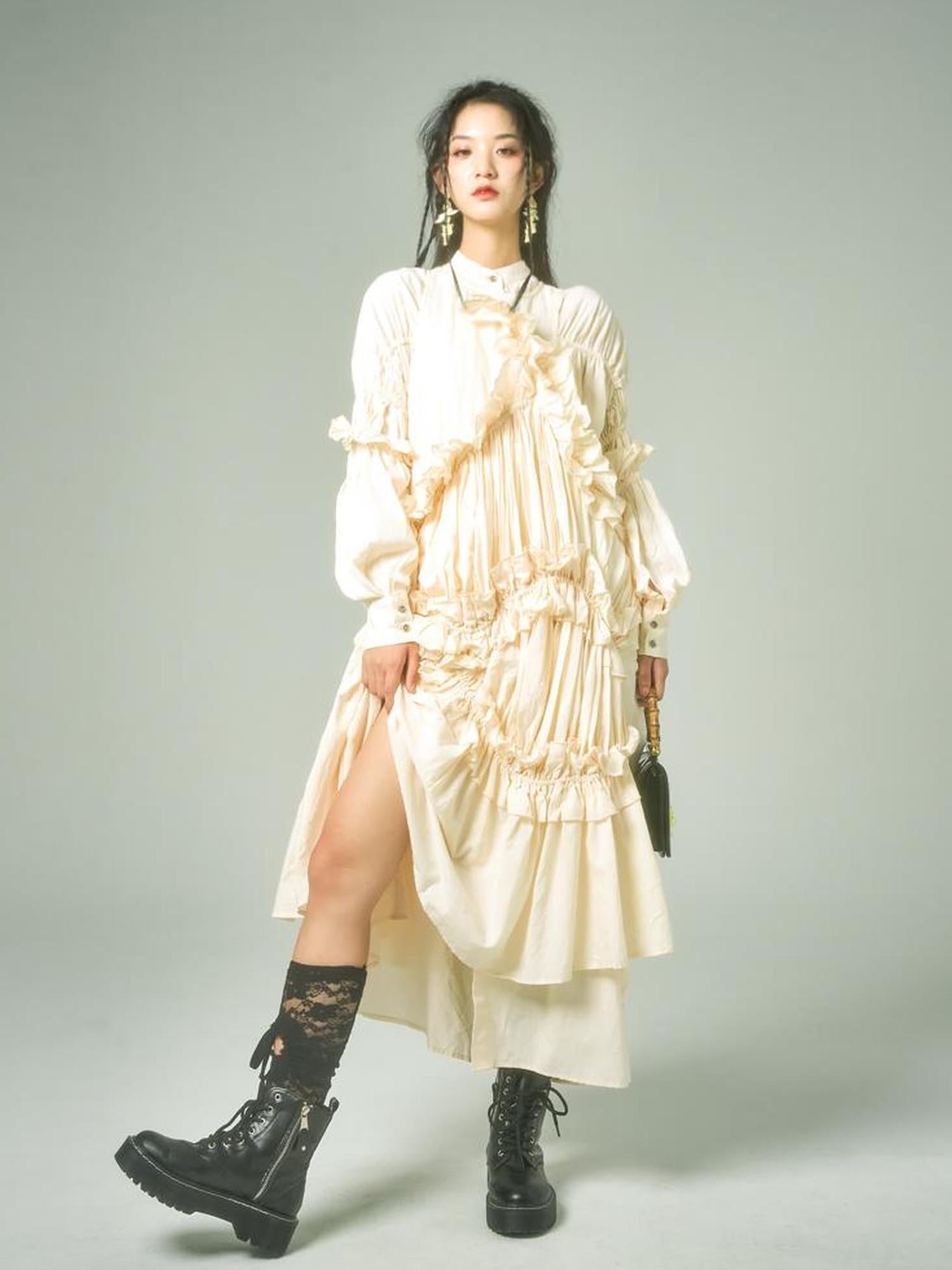 Sweet Mi Vintage Eco Dyed Oversized Cotton Pleat Shirt Dress Vest Set